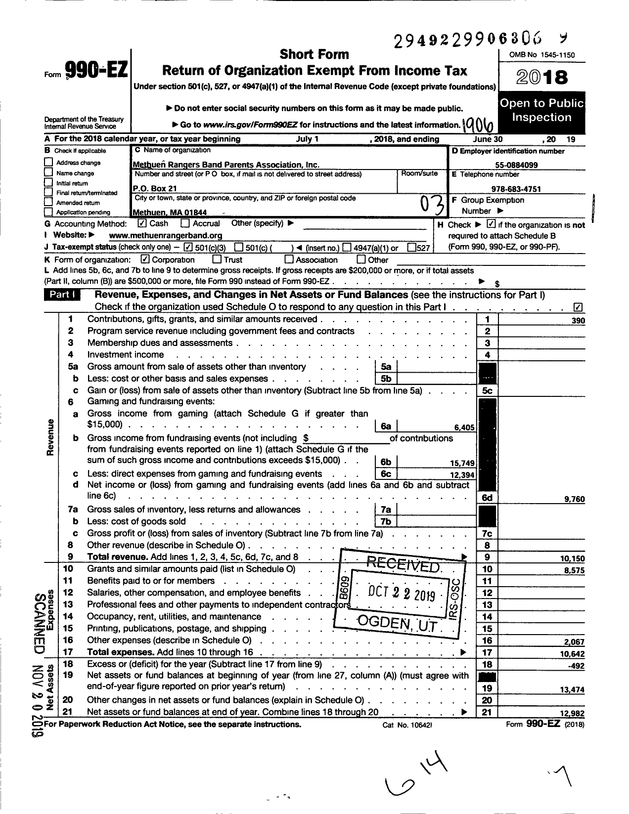 Image of first page of 2018 Form 990EZ for Methuen Ranger Band Parents Association