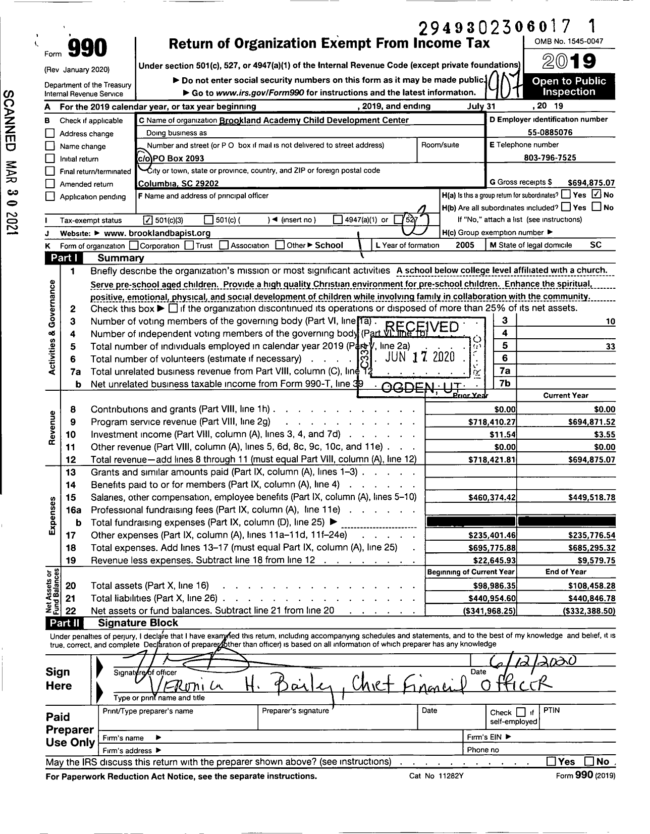 Image of first page of 2018 Form 990 for Brookland Academy Child Development Center