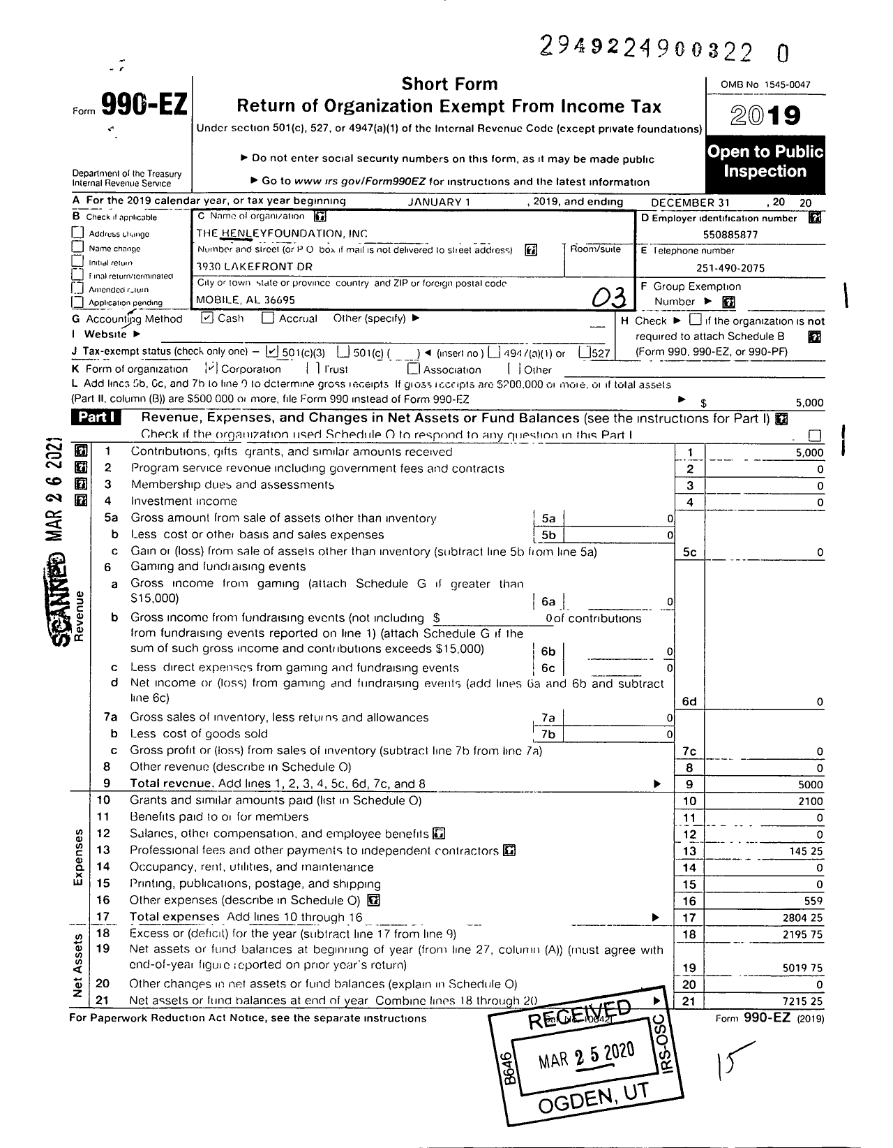 Image of first page of 2019 Form 990EZ for The Henley Foundation