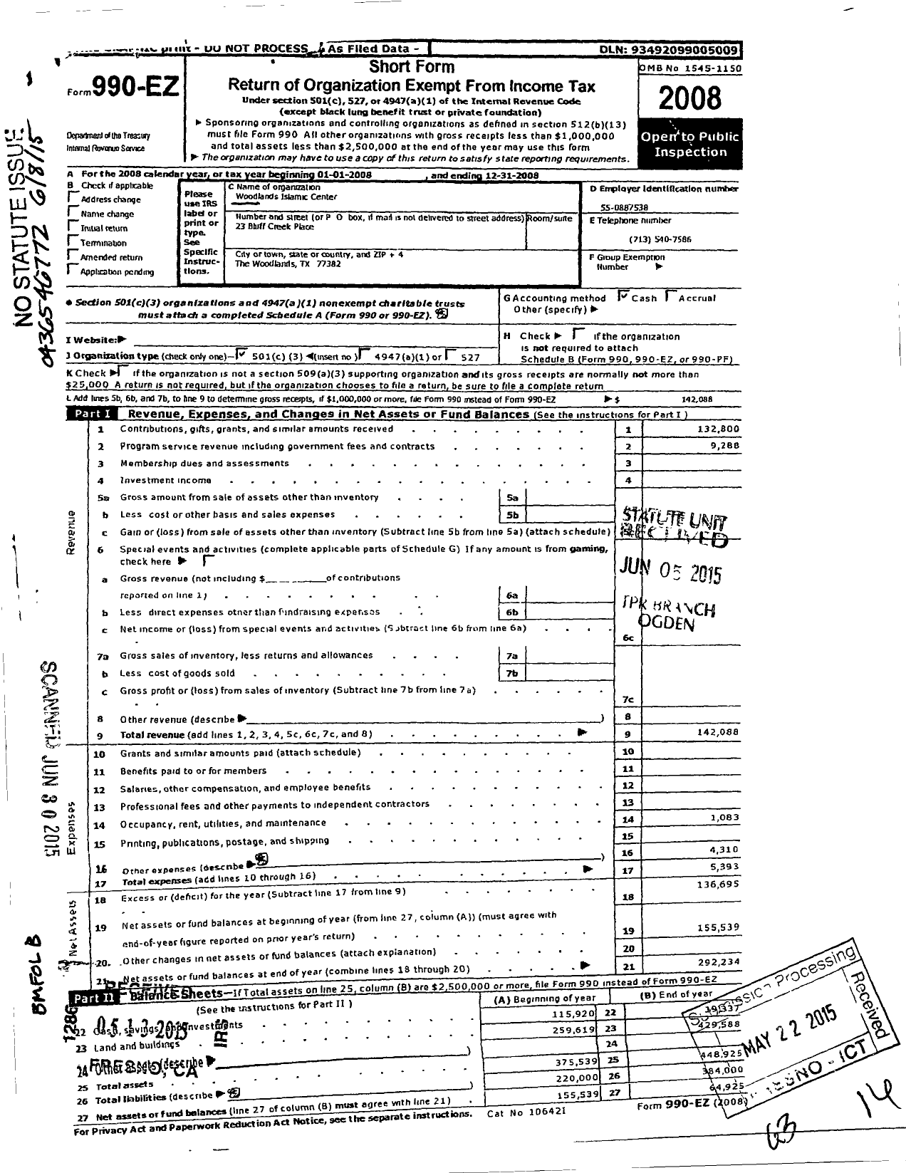 Image of first page of 2008 Form 990EZ for Masjid Abu Huraira