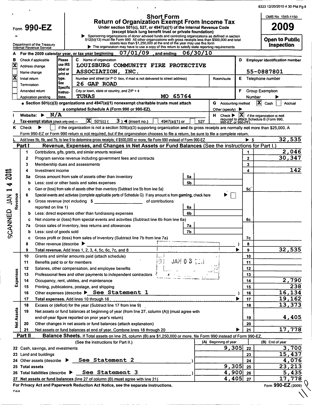 Image of first page of 2009 Form 990EZ for Louisburg Community Fire Protection Association