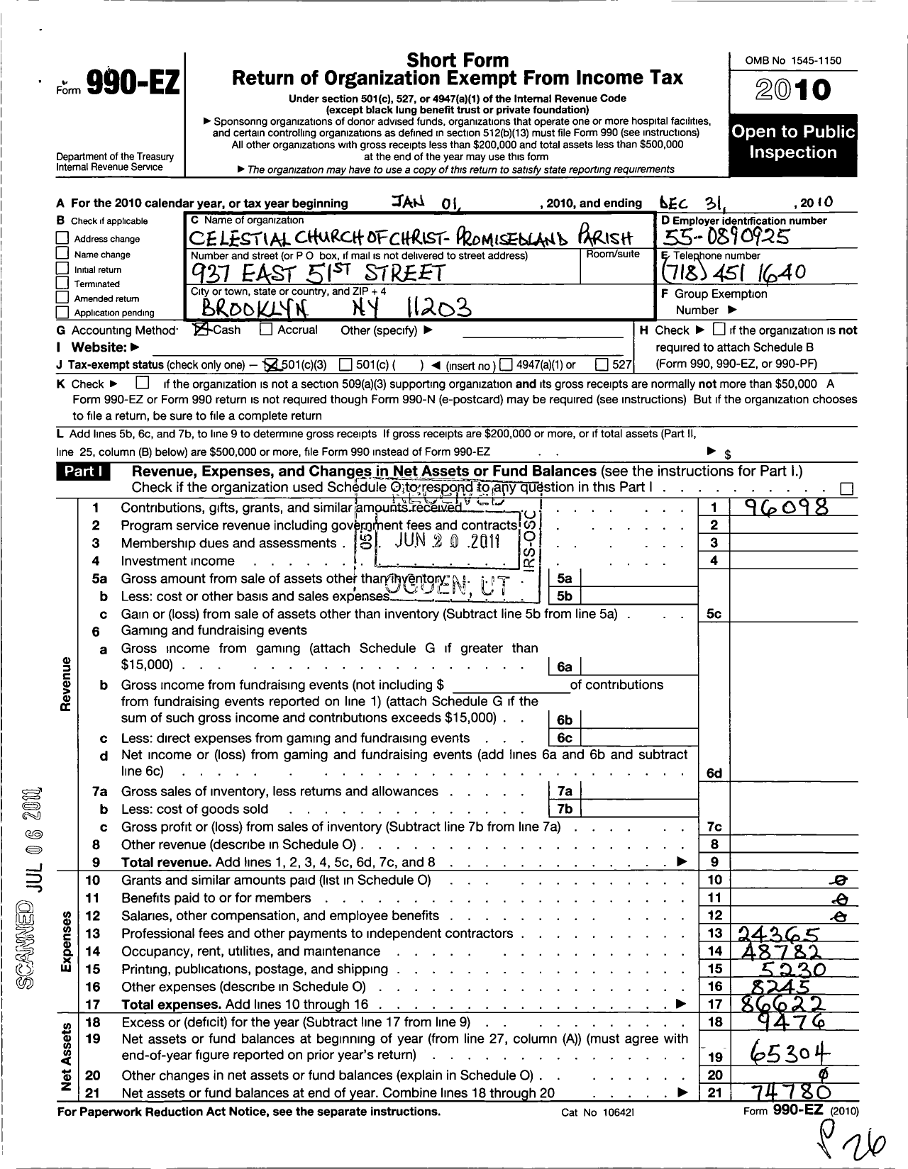 Image of first page of 2010 Form 990EZ for Celestial Church of Christ Promised