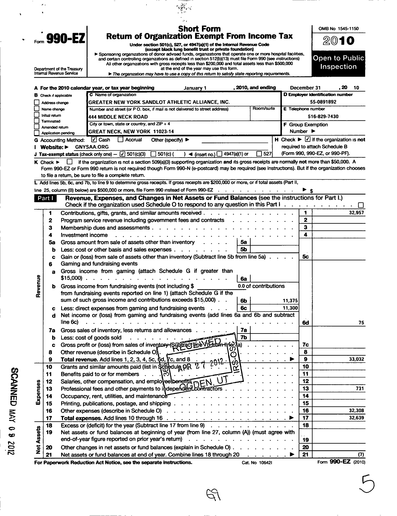 Image of first page of 2010 Form 990EZ for Greater New York Sandlot Athletic Alliance