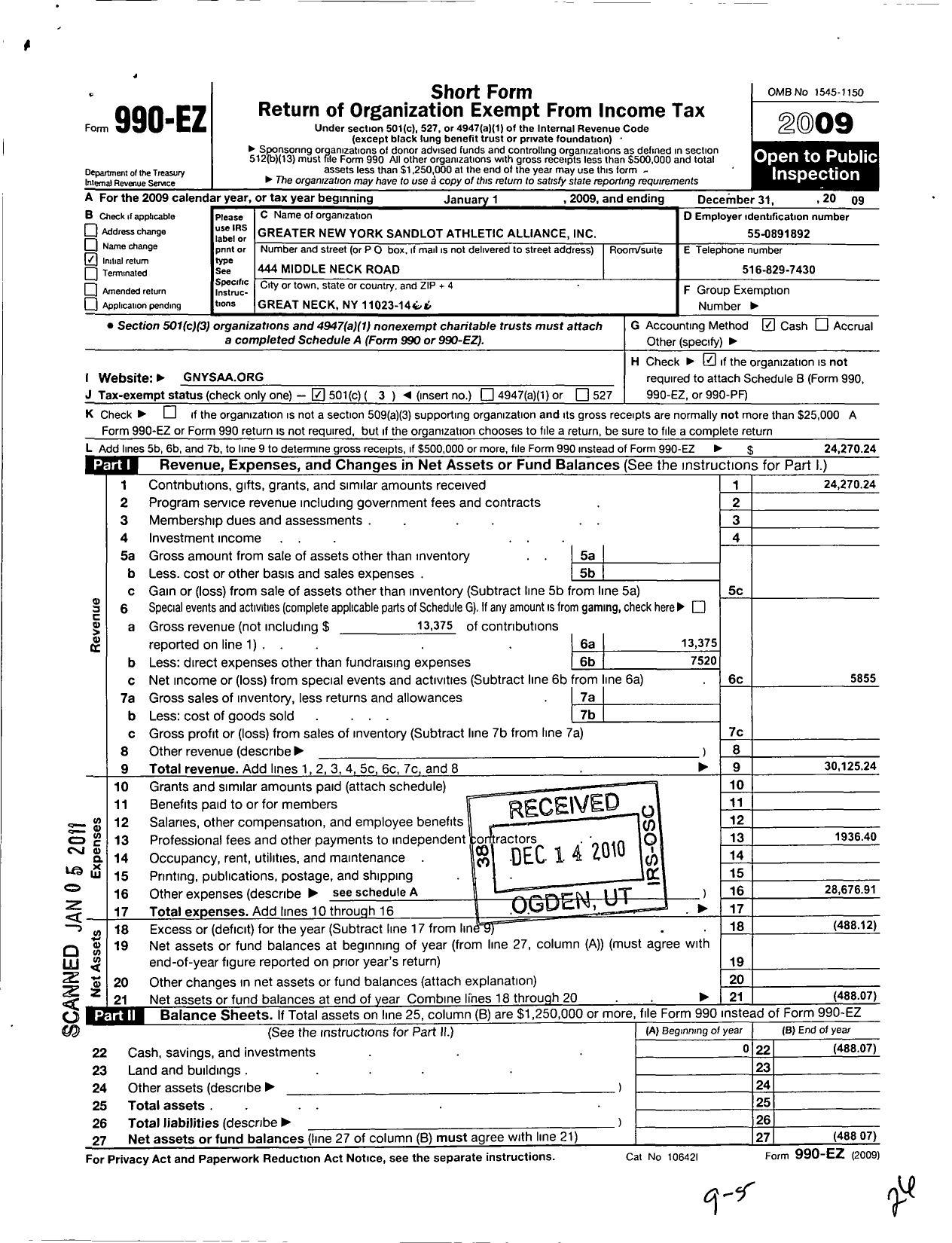 Image of first page of 2009 Form 990EZ for Greater New York Sandlot Athletic Alliance