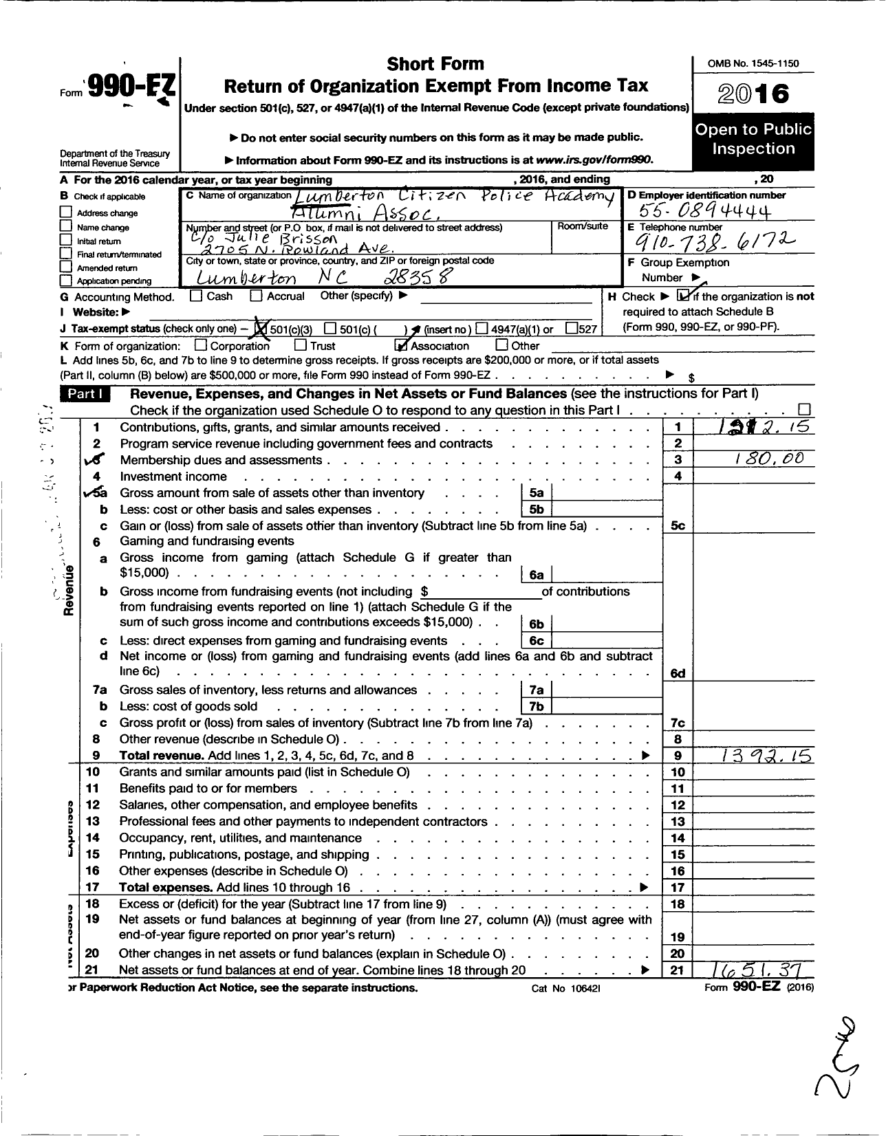 Image of first page of 2016 Form 990EZ for Lumberton Citizen Police Academy Alumni Association