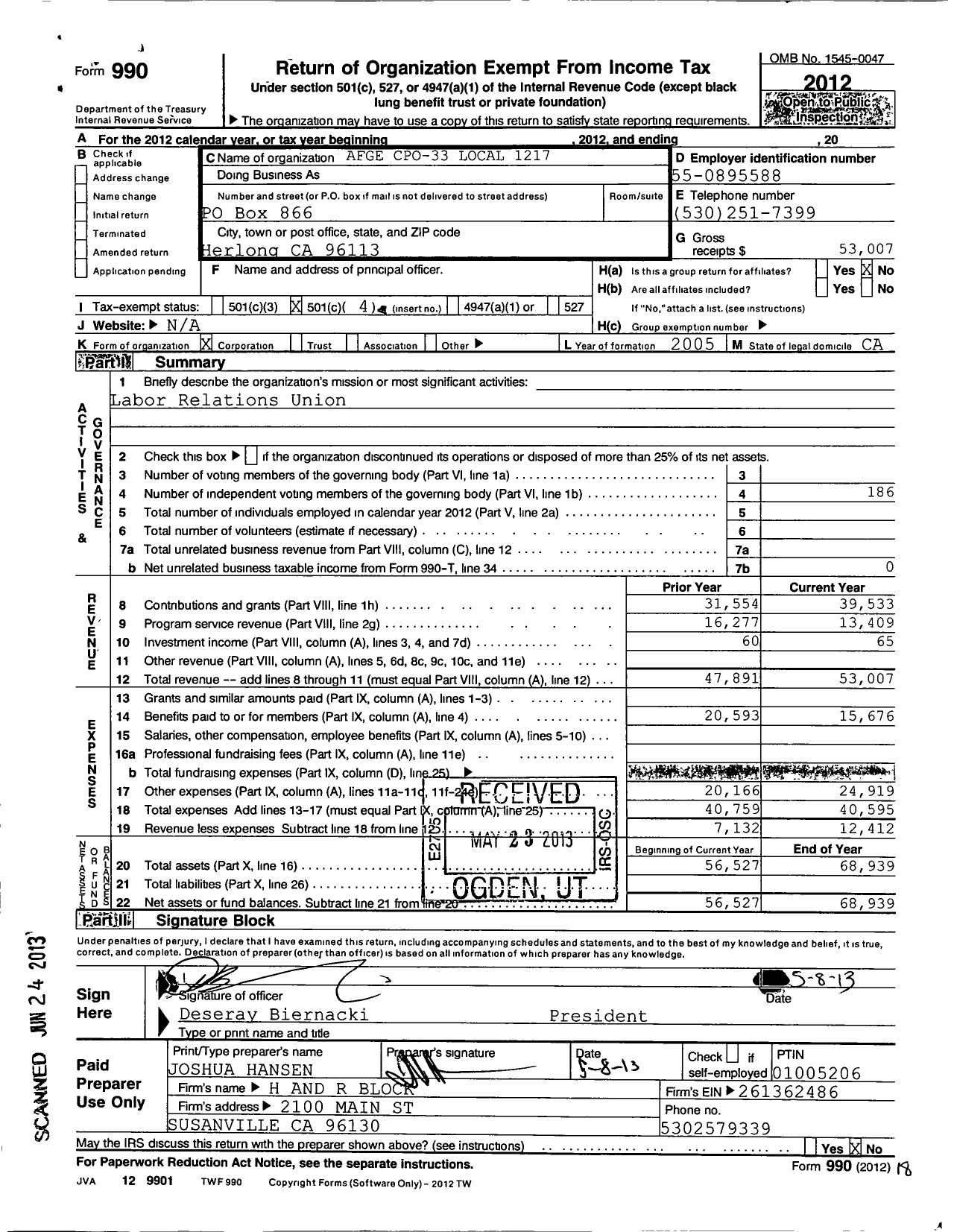 Image of first page of 2012 Form 990O for American Federation of Government Employees - 1217 Afge Bop Local