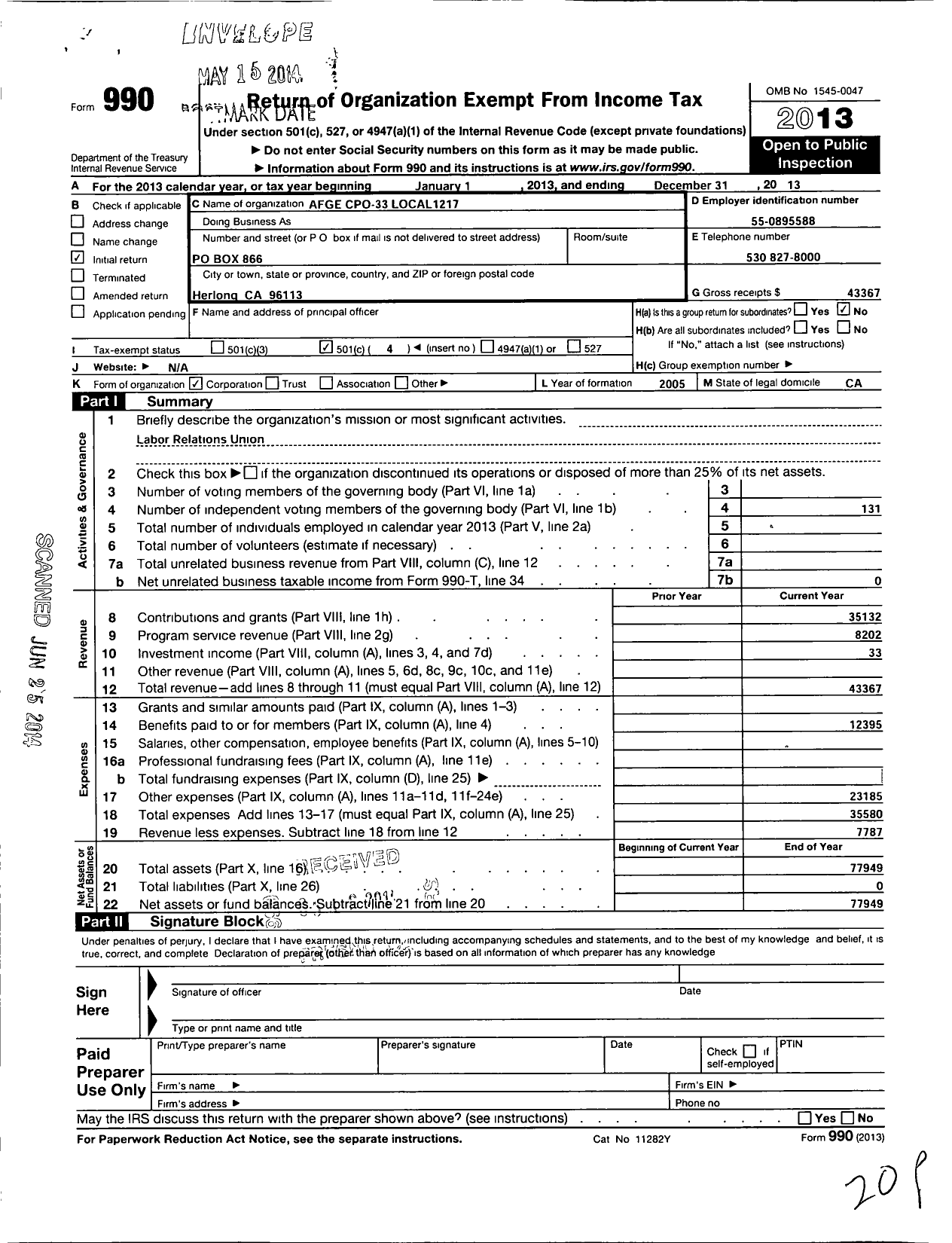 Image of first page of 2013 Form 990O for American Federation of Government Employees - 1217 Afge Bop Local