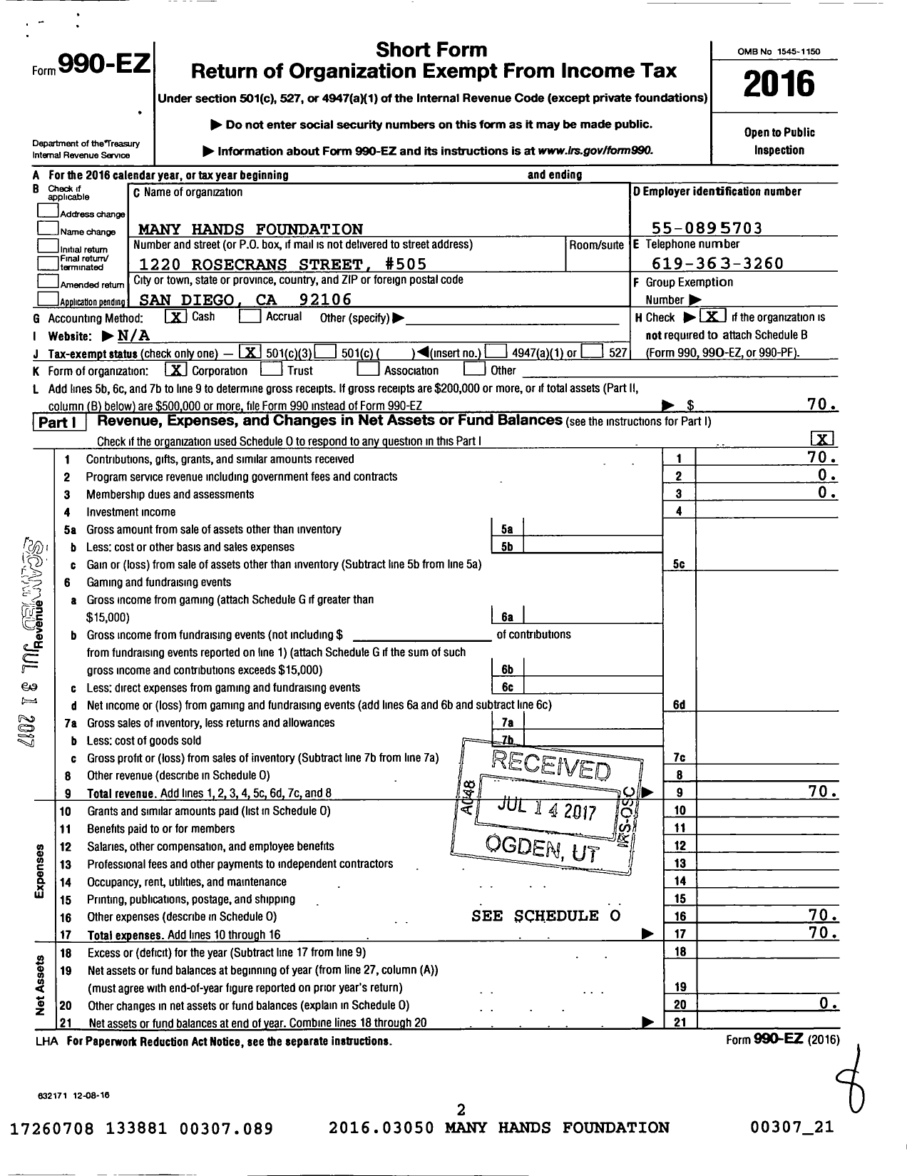 Image of first page of 2016 Form 990EZ for Many Hands Foundation