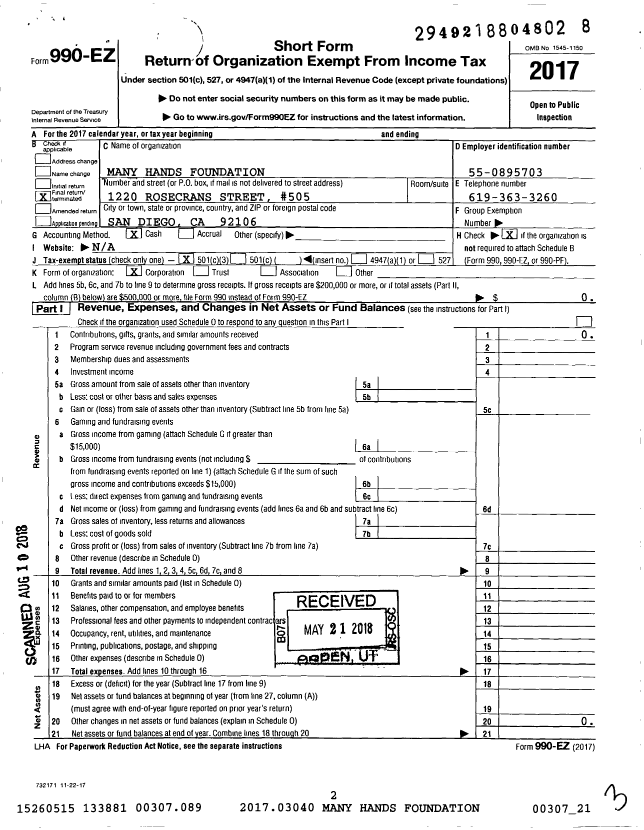 Image of first page of 2017 Form 990EZ for Many Hands Foundation