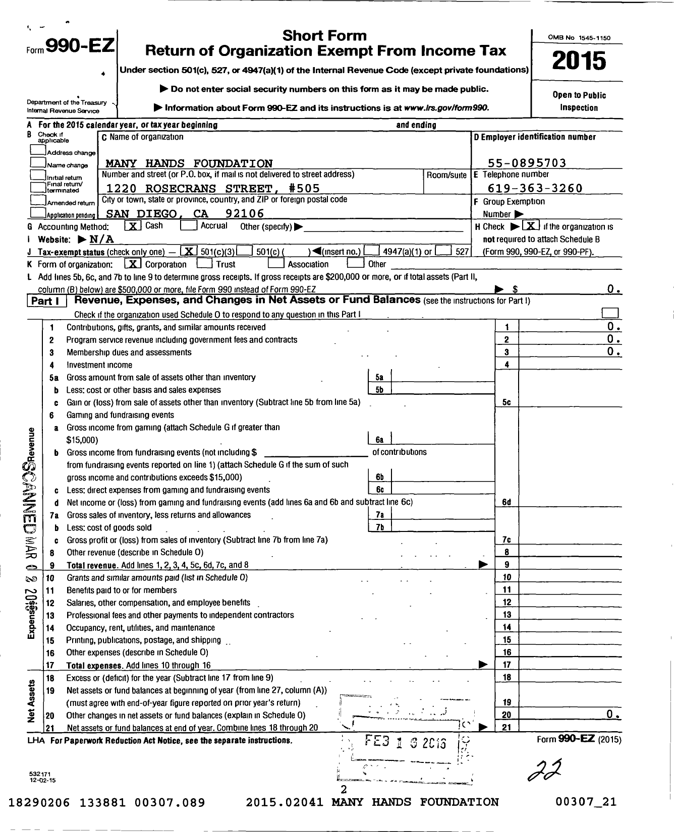 Image of first page of 2015 Form 990EZ for Many Hands Foundation