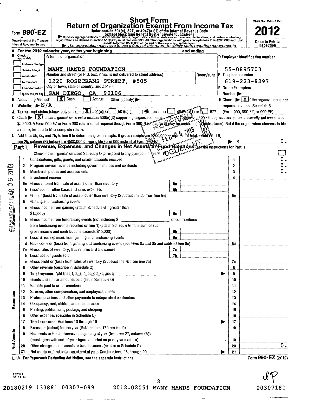 Image of first page of 2012 Form 990EZ for Many Hands Foundation