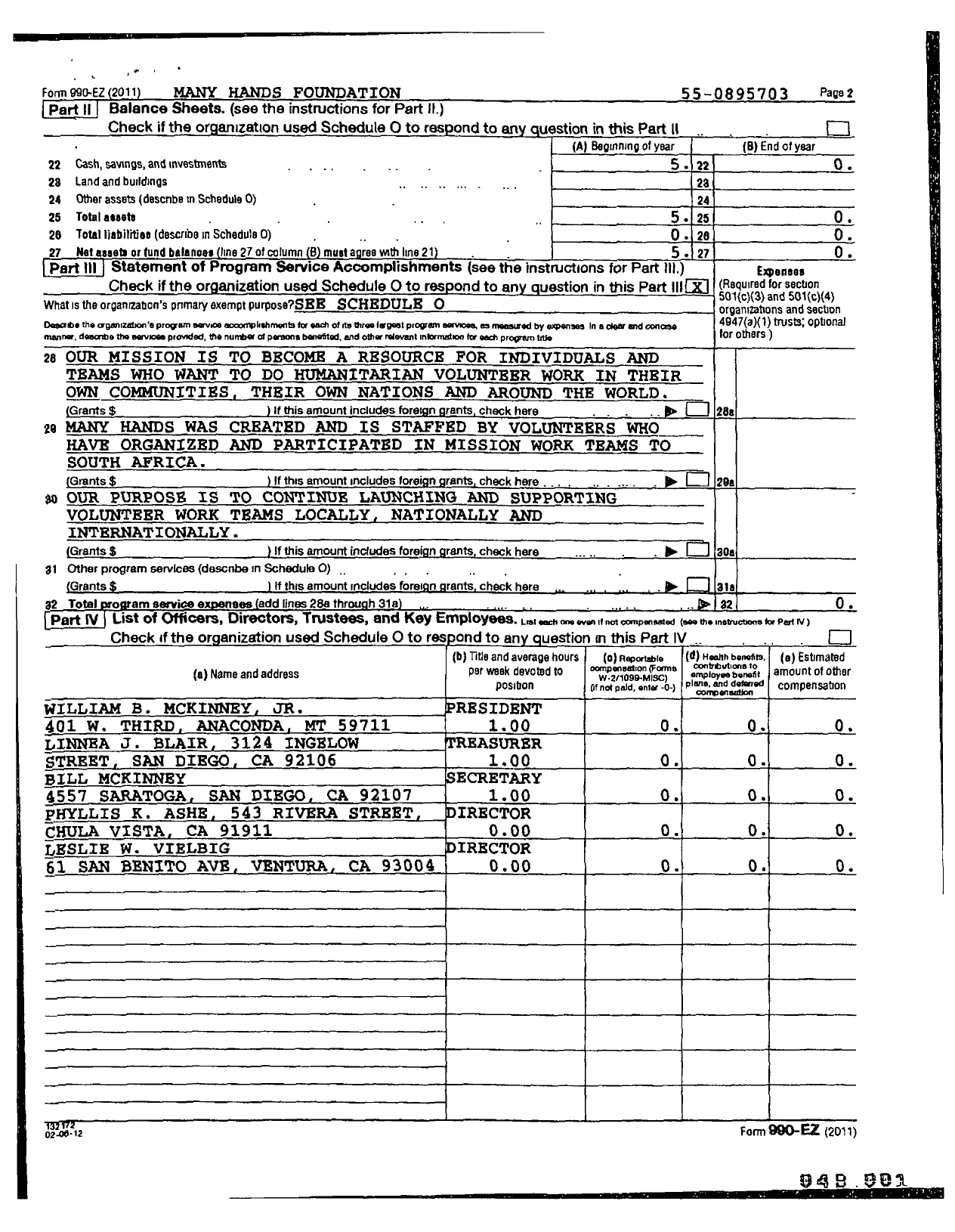 Image of first page of 2011 Form 990ER for Many Hands Foundation