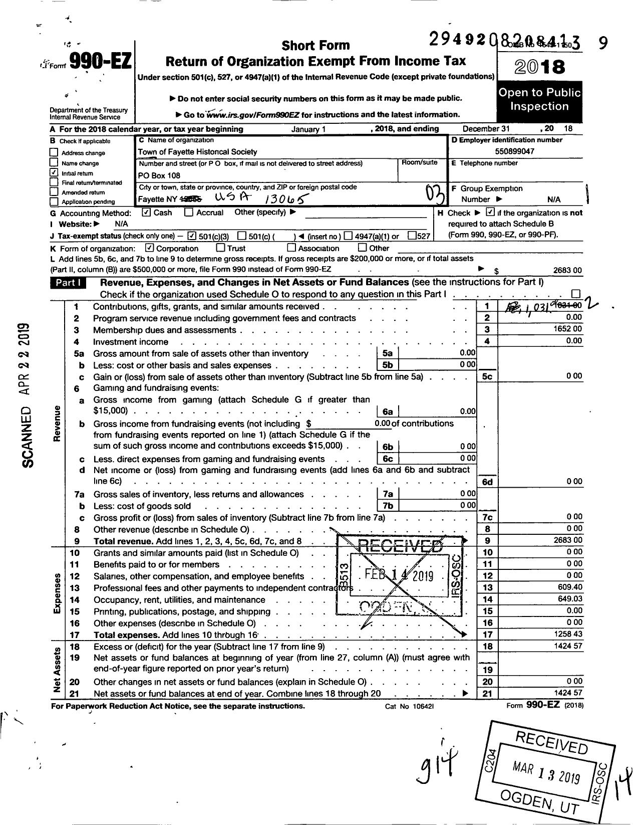 Image of first page of 2018 Form 990EZ for Town of Fayette Historical Society