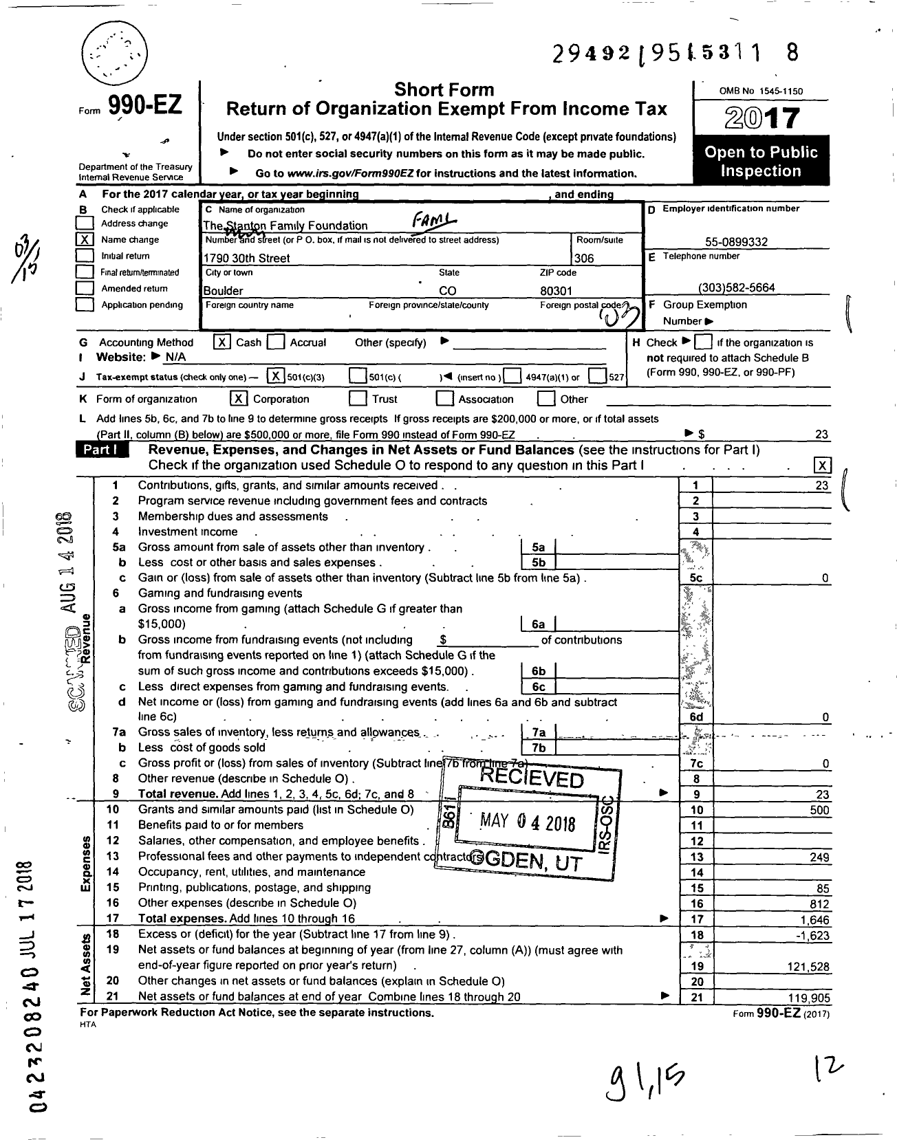 Image of first page of 2017 Form 990EZ for The Stanton Family Foundation