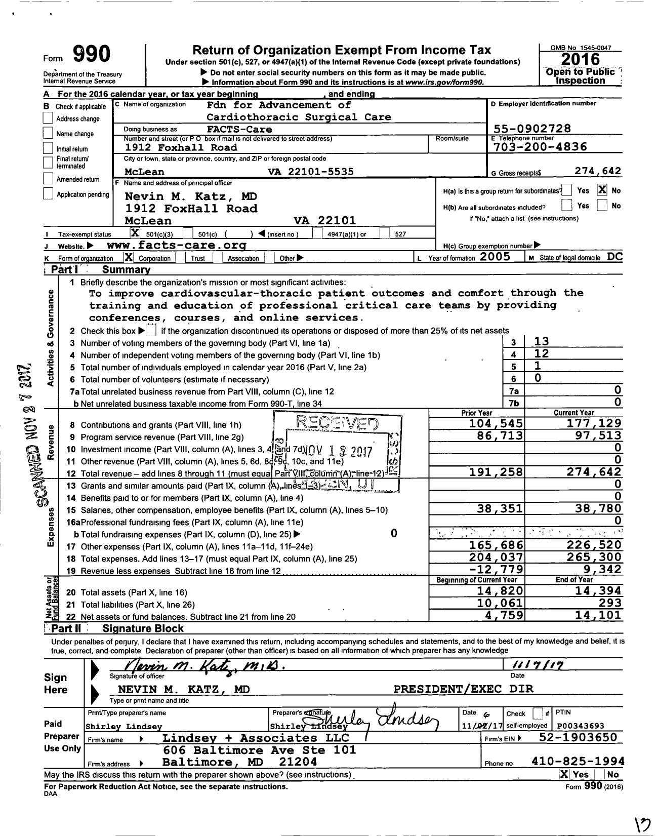 Image of first page of 2016 Form 990 for Foundation for the Advancement of Cardiothoracic Surgical Care