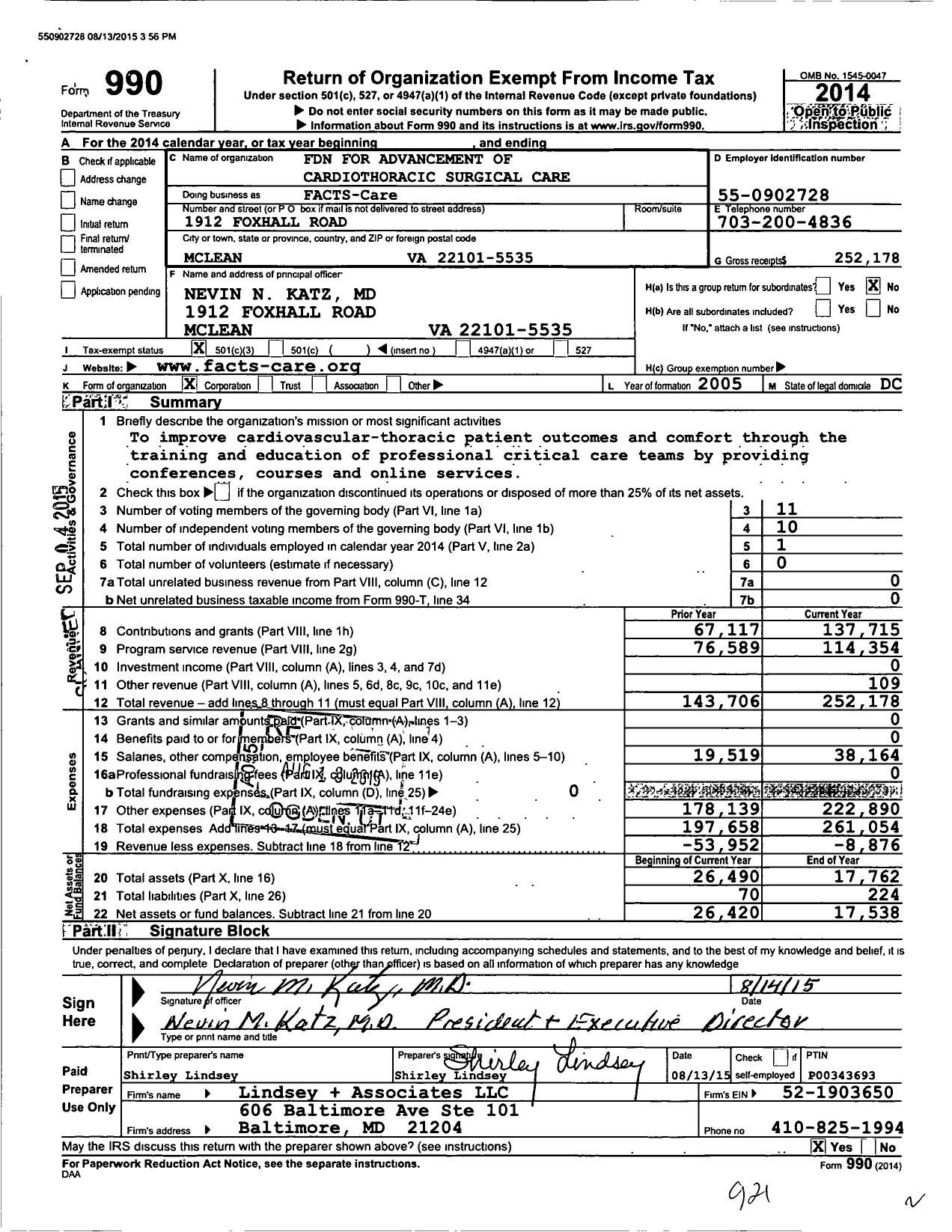 Image of first page of 2014 Form 990 for Foundation for the Advancement of Cardiothoracic Surgical Care