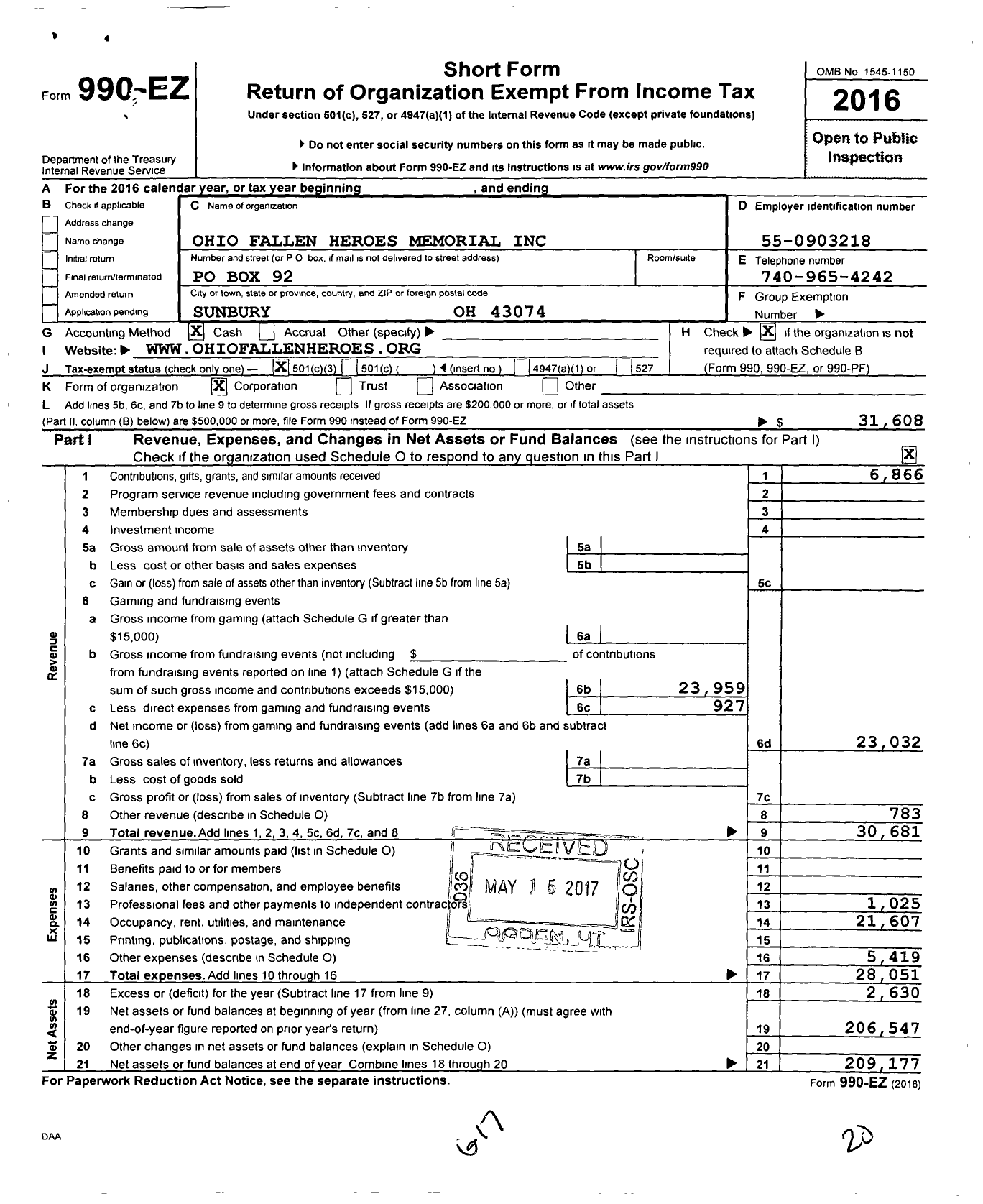 Image of first page of 2016 Form 990EZ for Ohio Fallen Heroes Memorial