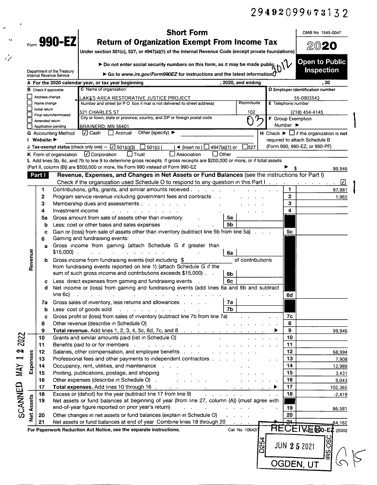 Image of first page of 2020 Form 990EZ for Lakes Area Restorative Justice Project