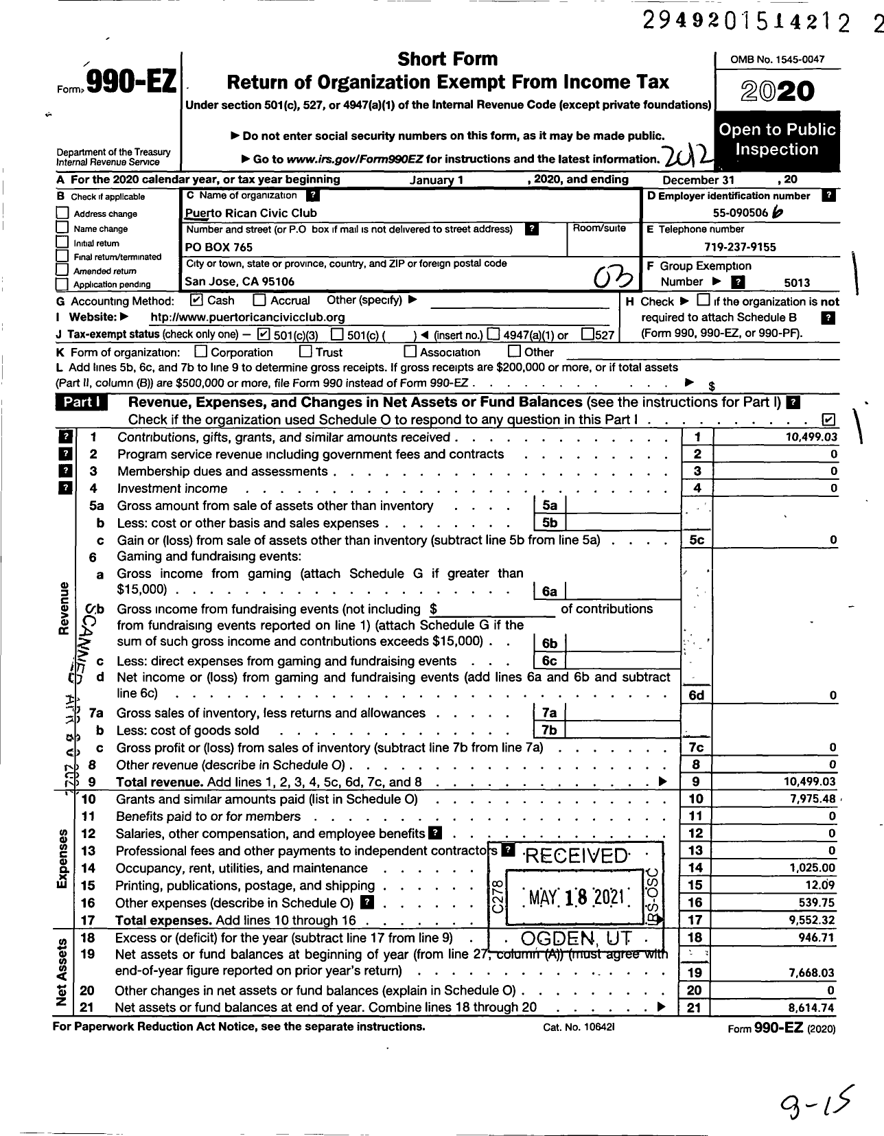 Image of first page of 2020 Form 990EZ for Puerto Rican Civic Club