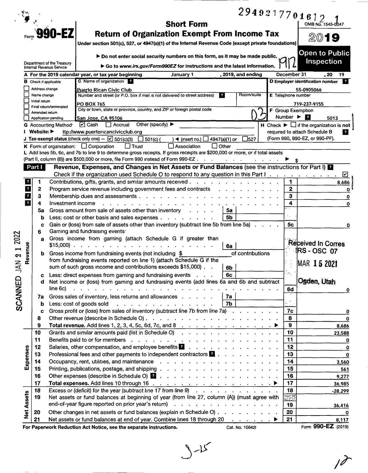 Image of first page of 2019 Form 990EZ for Puerto Rican Civic Club