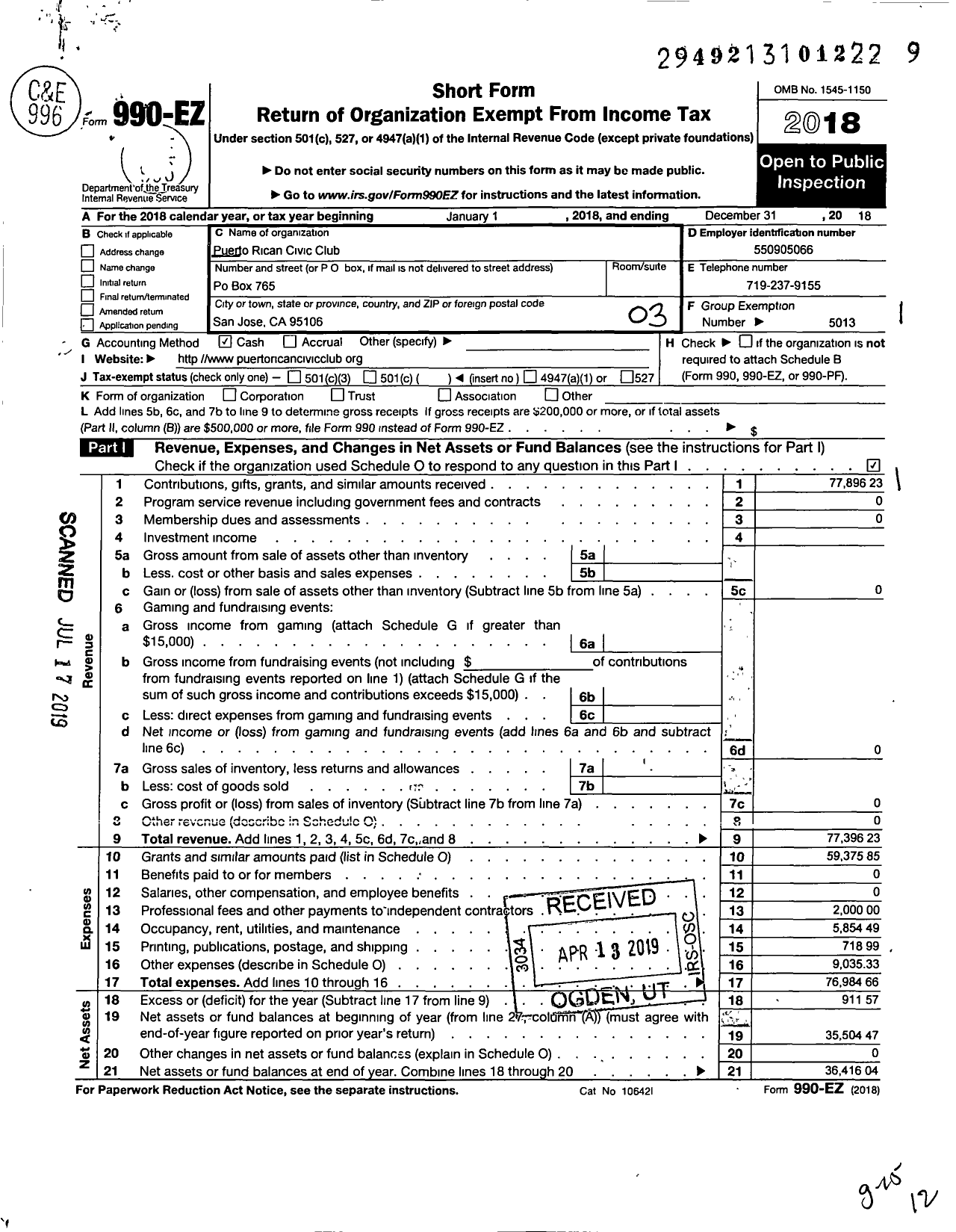 Image of first page of 2018 Form 990EZ for Puerto Rican Civic Club