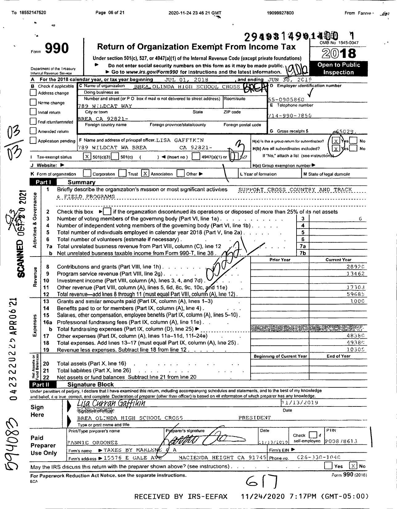 Image of first page of 2018 Form 990 for Brea Olinda High School Cross