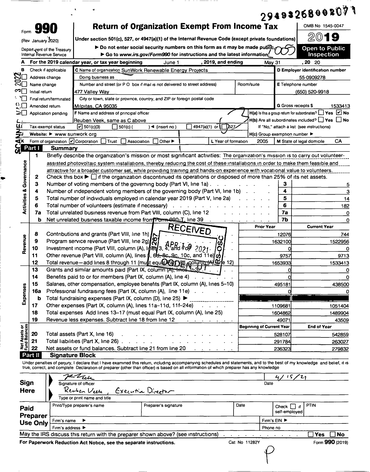 Image of first page of 2019 Form 990 for SunWork Renewable Energy Projects