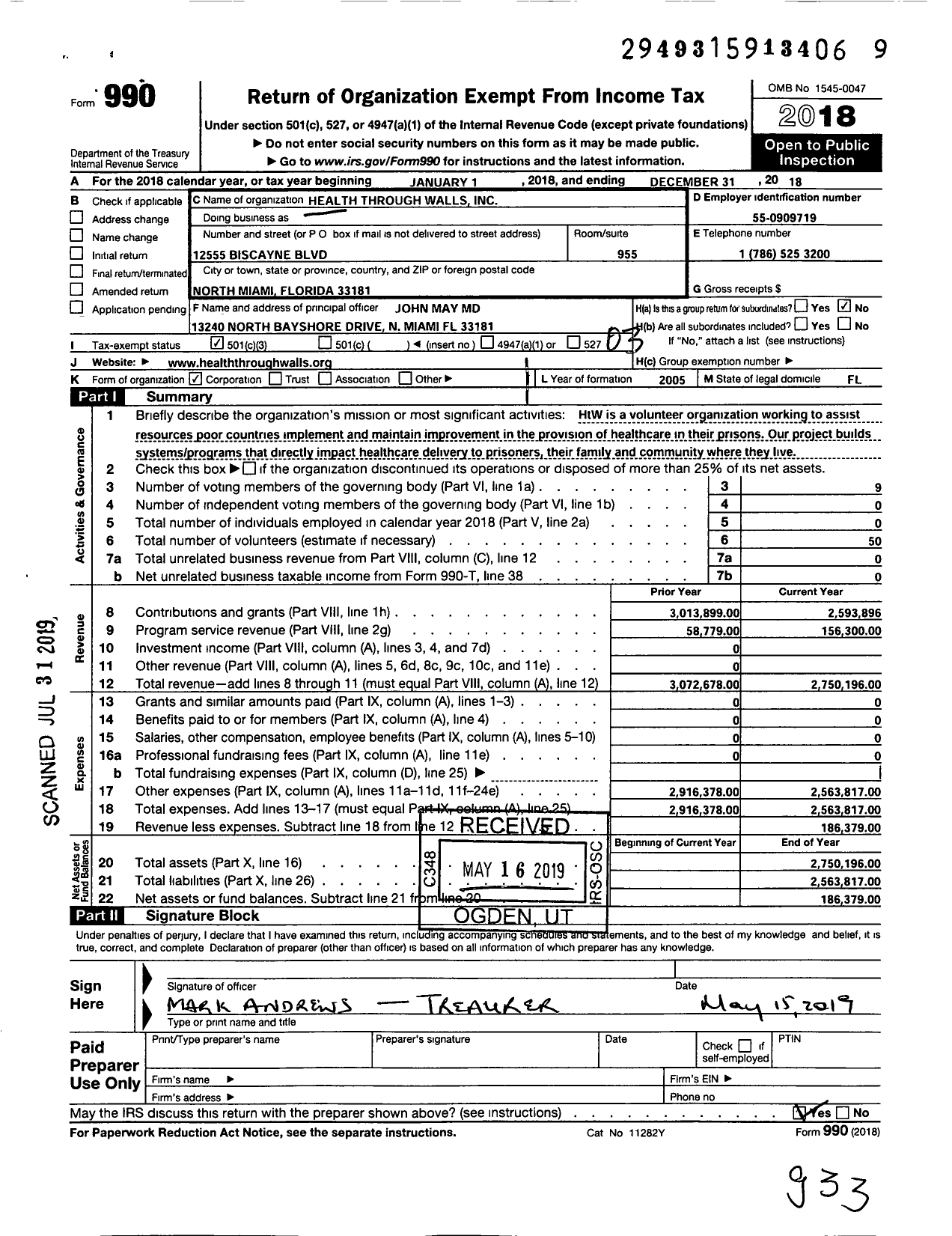 Image of first page of 2018 Form 990 for Health Through Walls