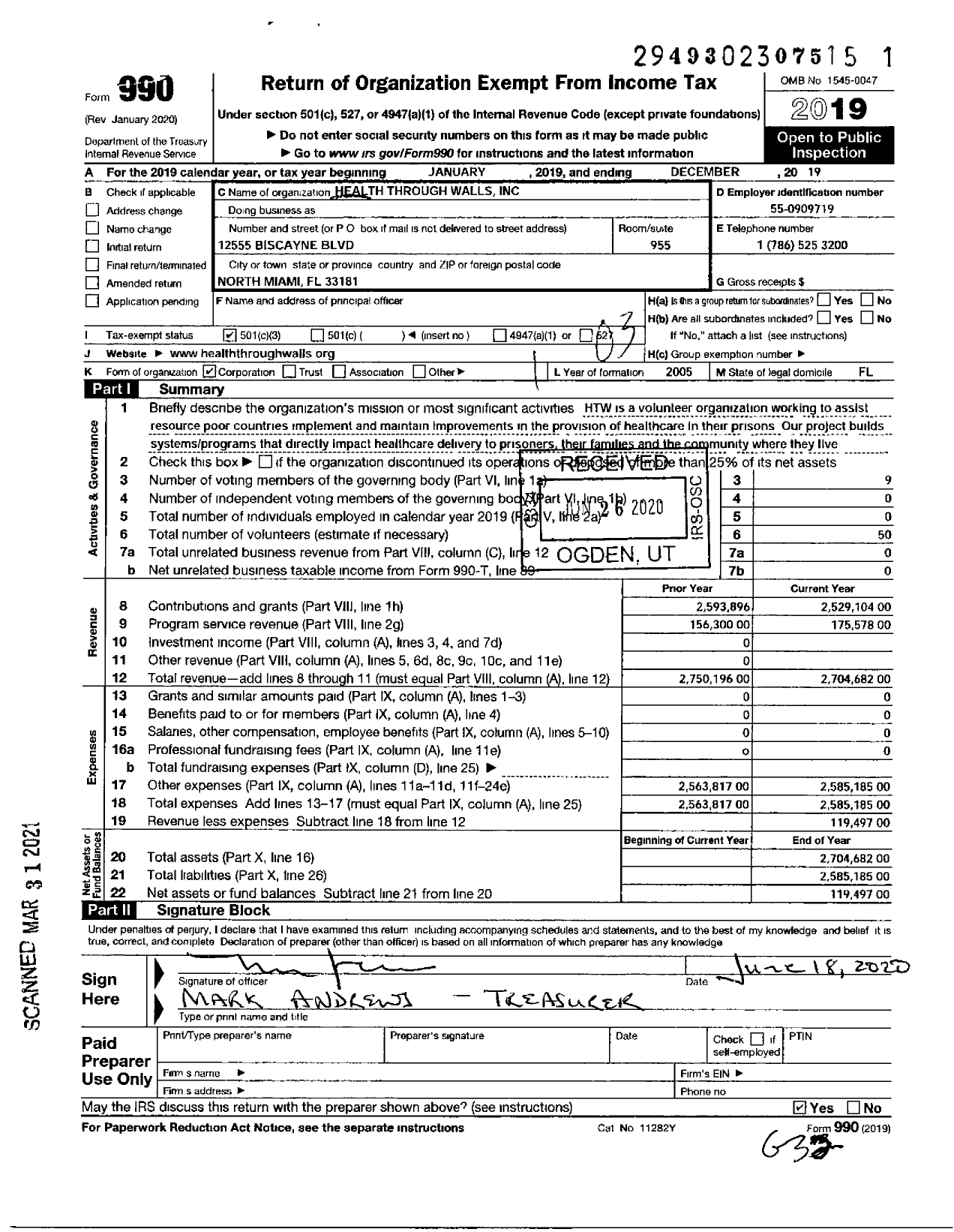 Image of first page of 2019 Form 990 for Health Through Walls