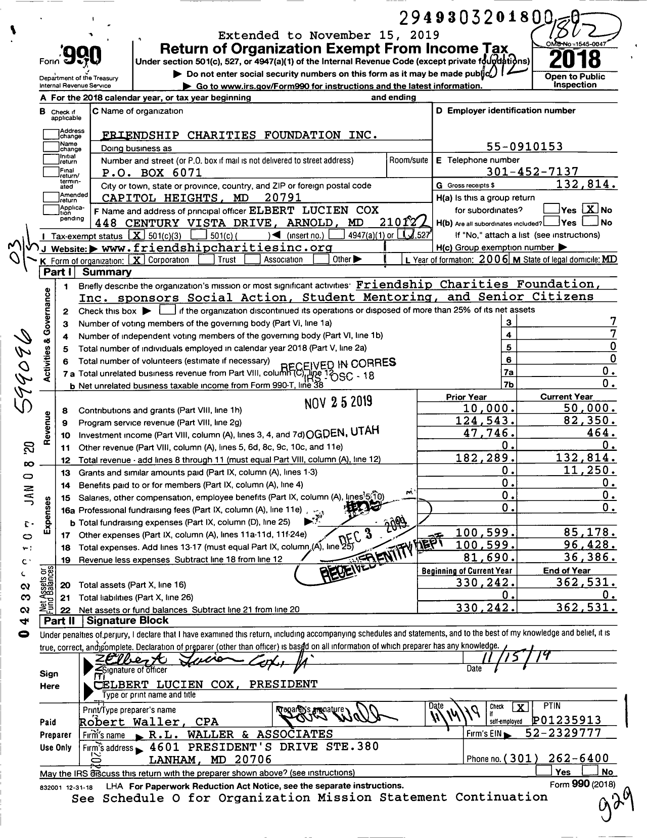 Image of first page of 2018 Form 990 for Friendship Charities Foundation