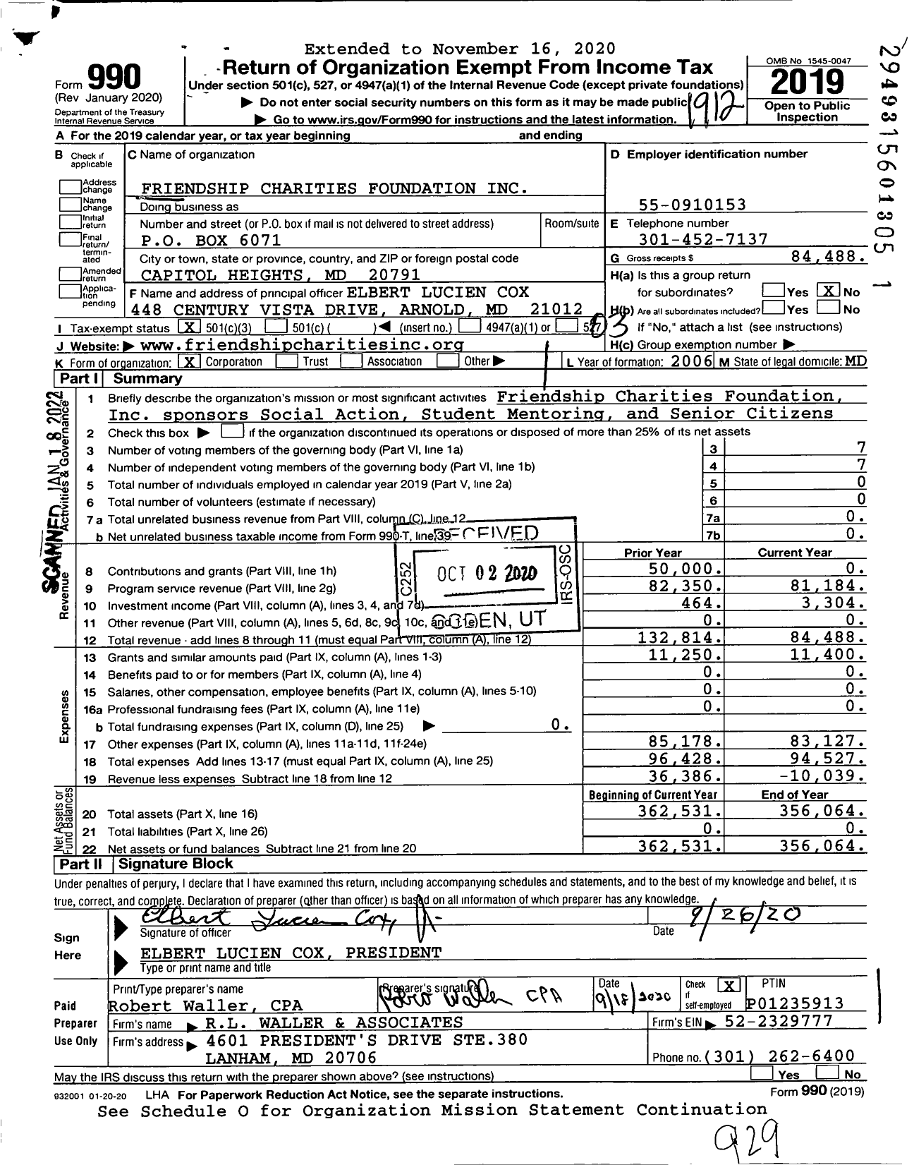 Image of first page of 2019 Form 990 for Friendship Charities Foundation