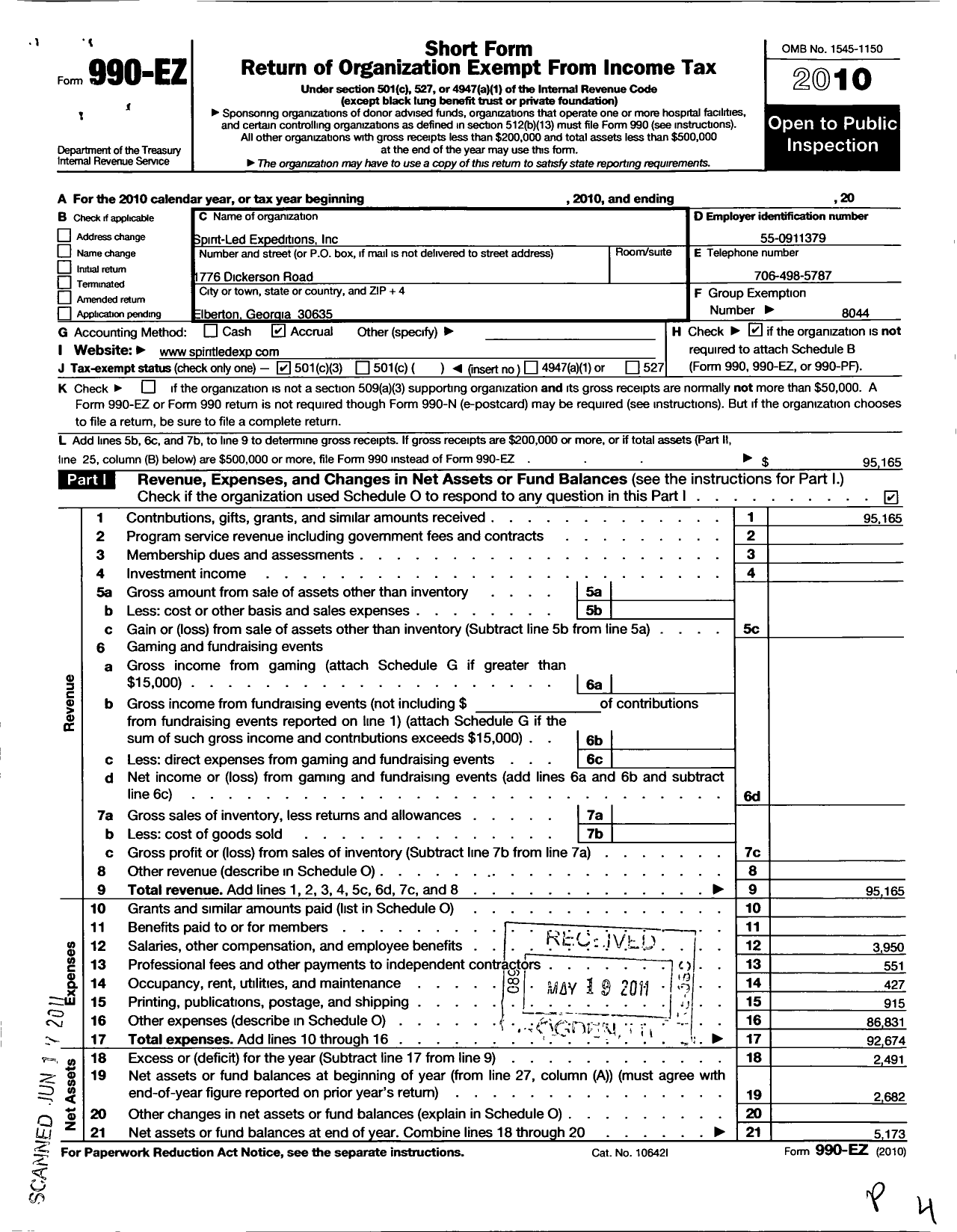 Image of first page of 2010 Form 990EZ for Spirit - Led Expeditions