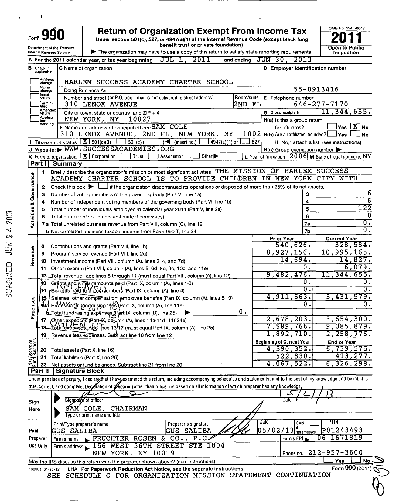 Image of first page of 2011 Form 990 for Harlem Success Academy Charter School