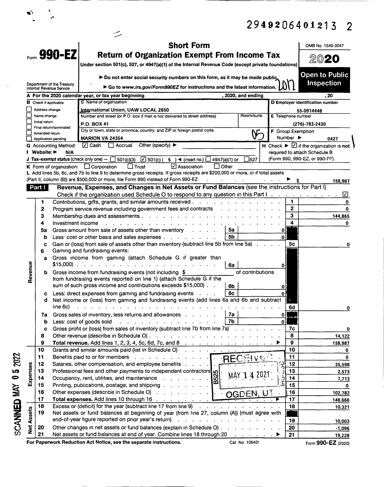 Image of first page of 2020 Form 990EO for Uaw - 2850 Local (2850 Local)