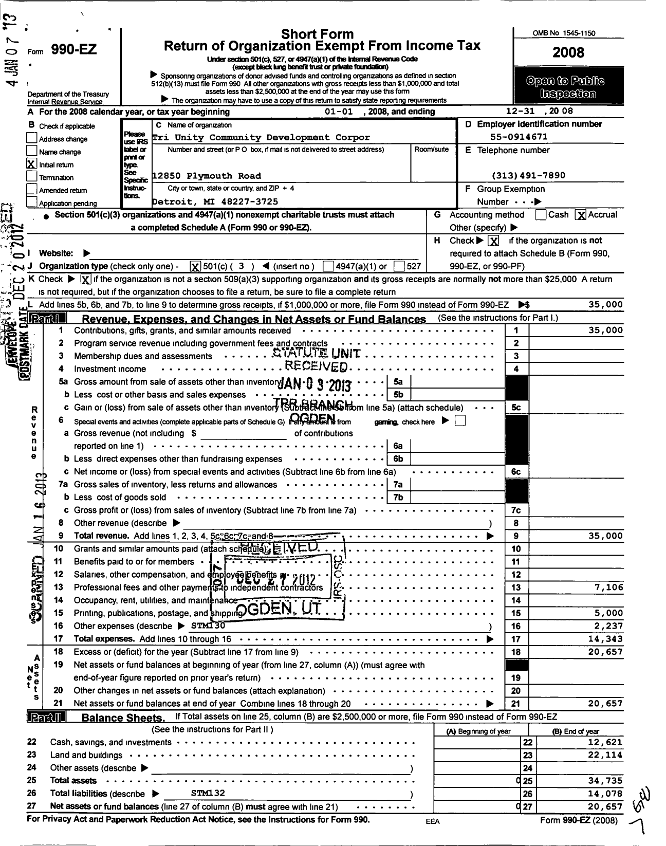 Image of first page of 2008 Form 990EZ for Tri Unity Community Development Organization