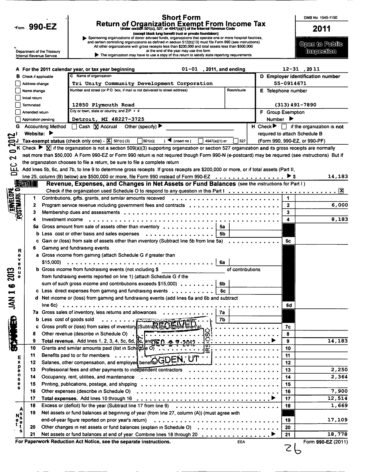 Image of first page of 2011 Form 990EZ for Tri Unity Community Development Organization