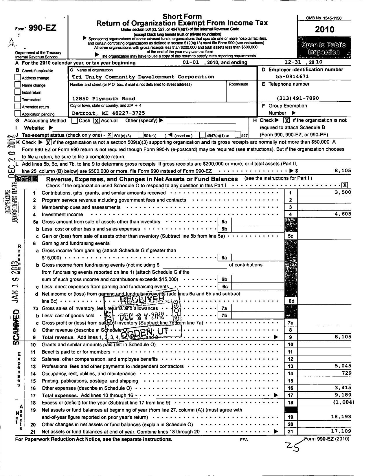 Image of first page of 2010 Form 990EZ for Tri Unity Community Development Organization