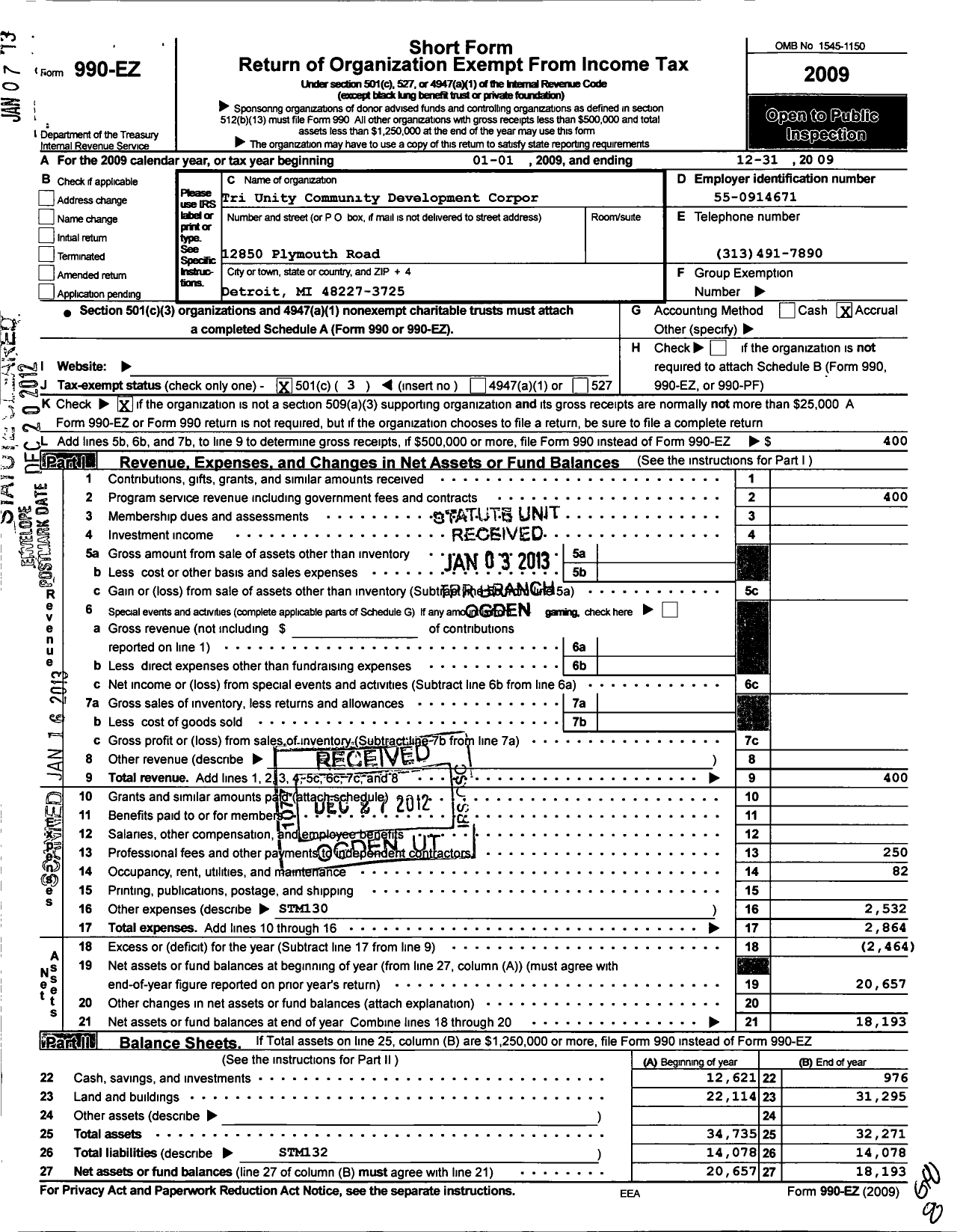 Image of first page of 2009 Form 990EZ for Tri Unity Community Development Organization