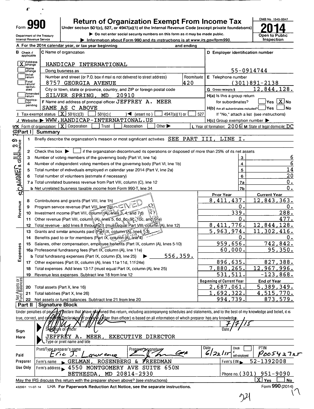 Image of first page of 2014 Form 990 for Humanity and Inclusion
