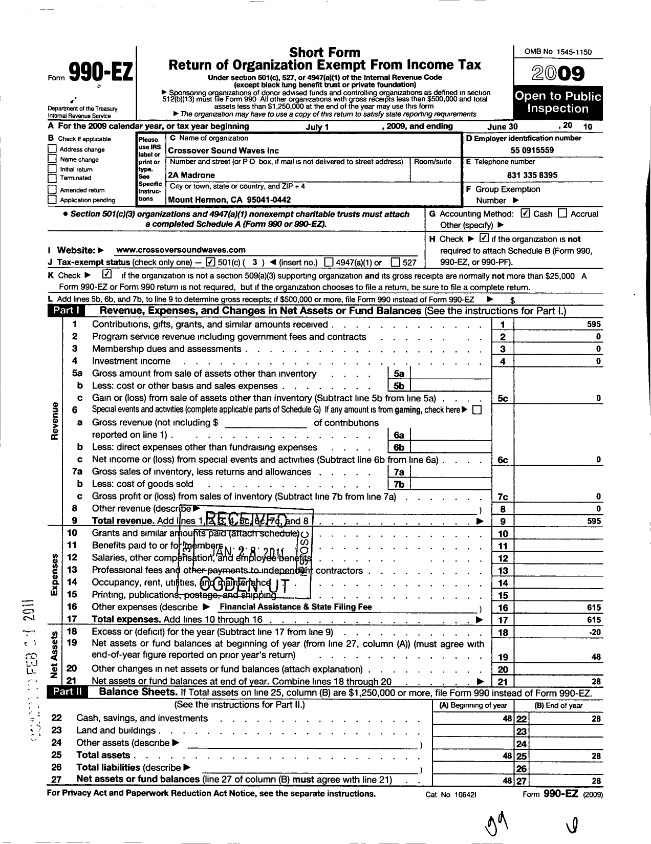 Image of first page of 2009 Form 990EZ for Crossover Sound Waves Incorporated