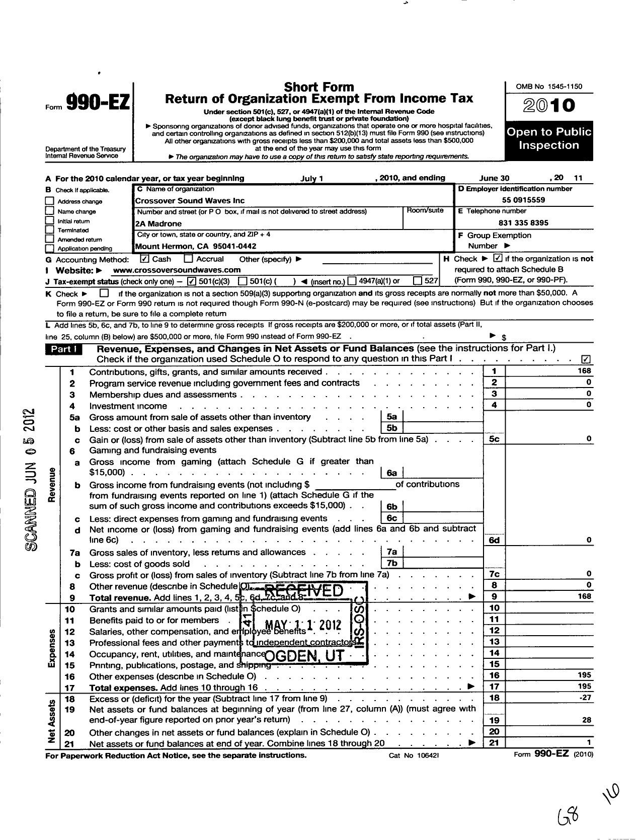 Image of first page of 2010 Form 990EZ for Crossover Sound Waves Incorporated