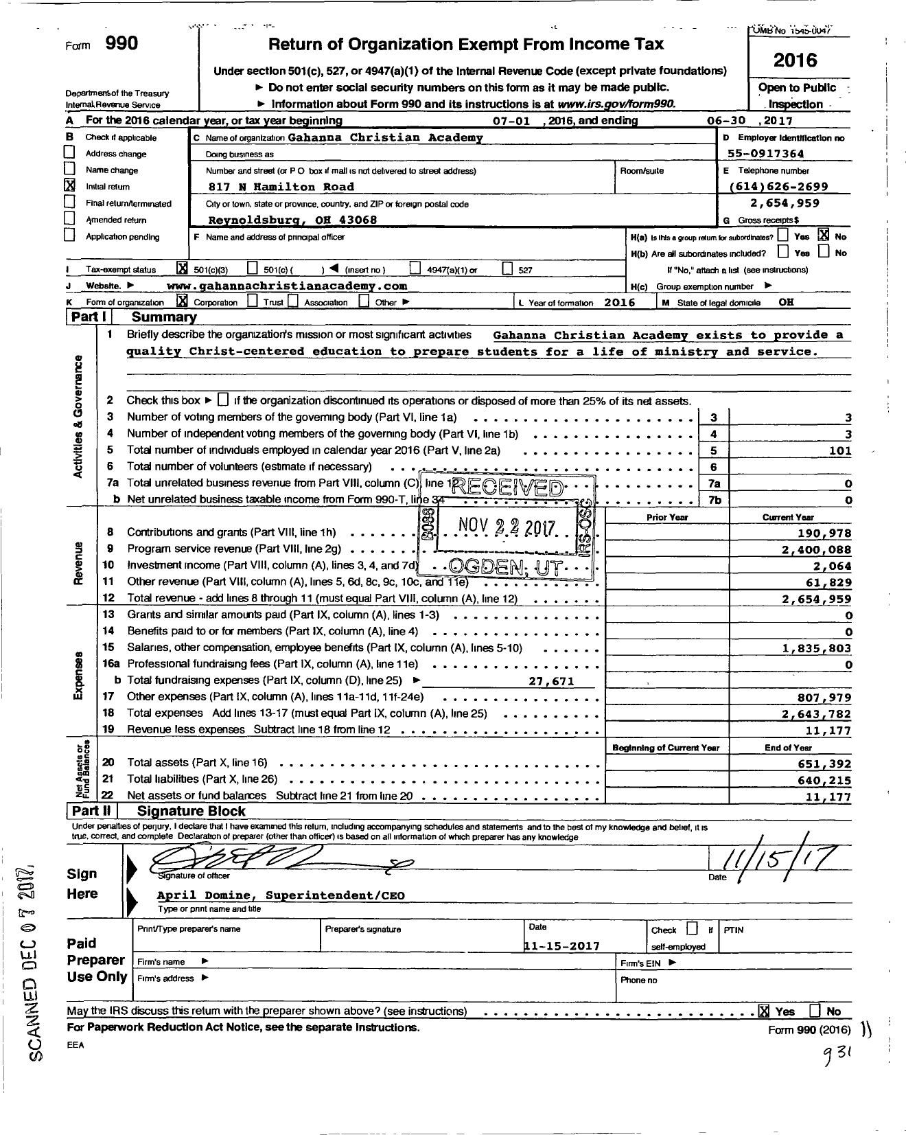 Image of first page of 2016 Form 990 for Gahanna Christian Academy