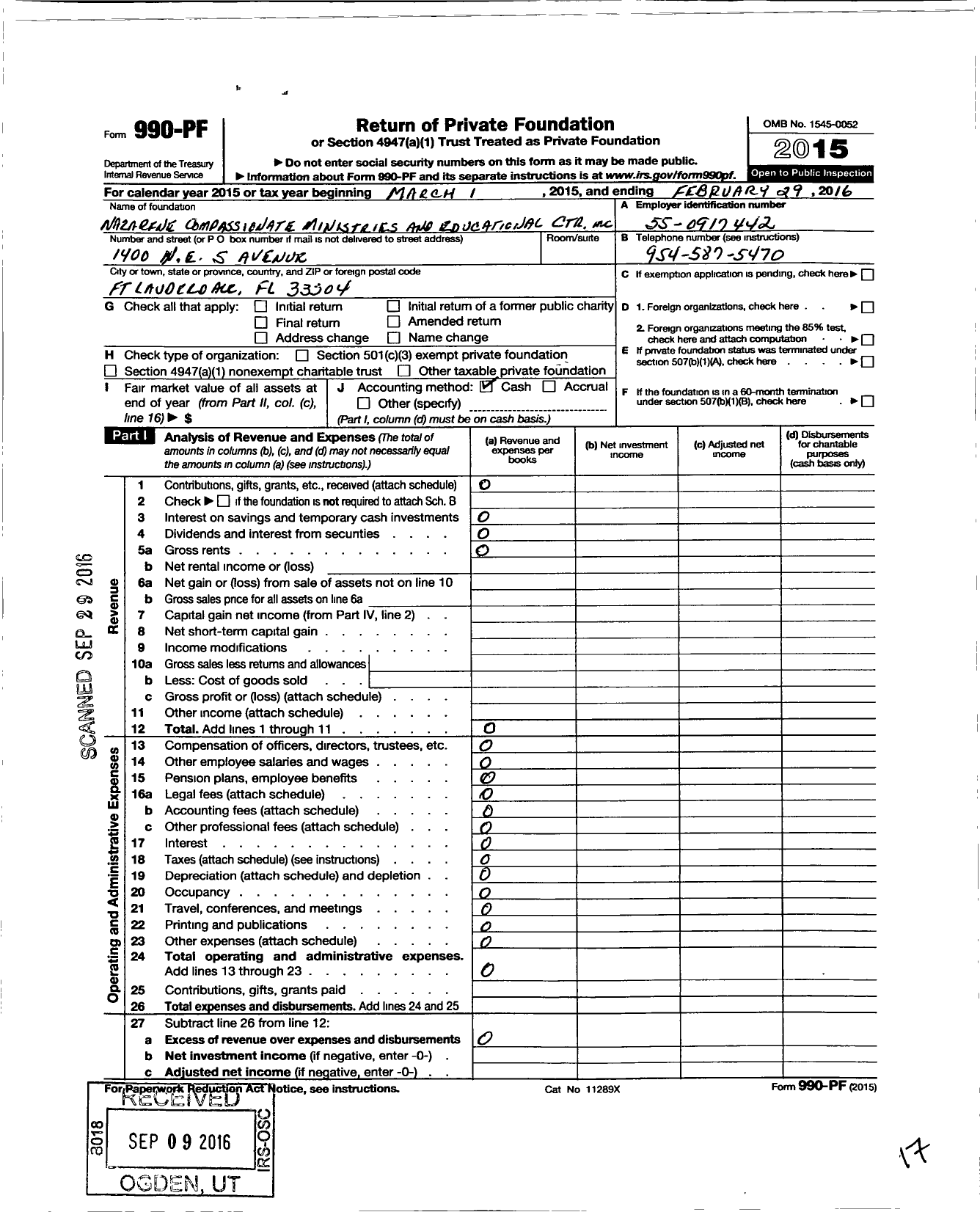 Image of first page of 2015 Form 990PF for Nazarene Compassionate Ministry and Educational Center