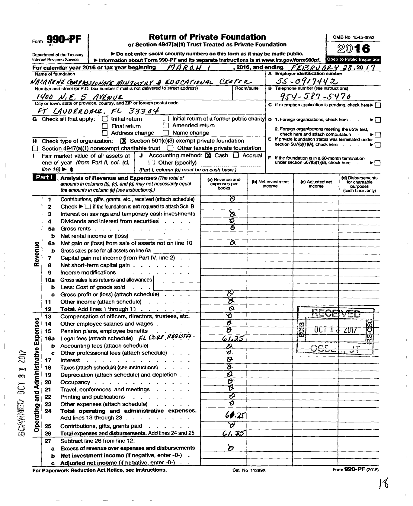 Image of first page of 2016 Form 990PF for Nazarene Compassionate Ministry and Educational Center