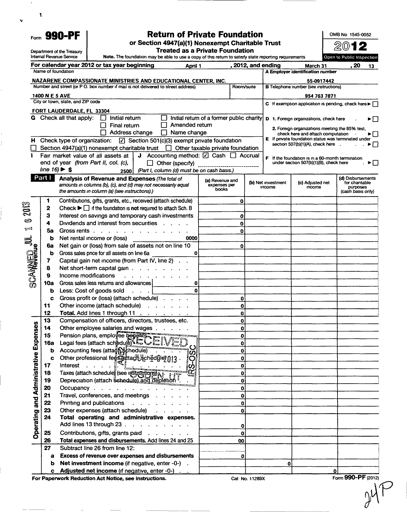 Image of first page of 2012 Form 990PF for Nazarene Compassionate Ministry and Educational Center