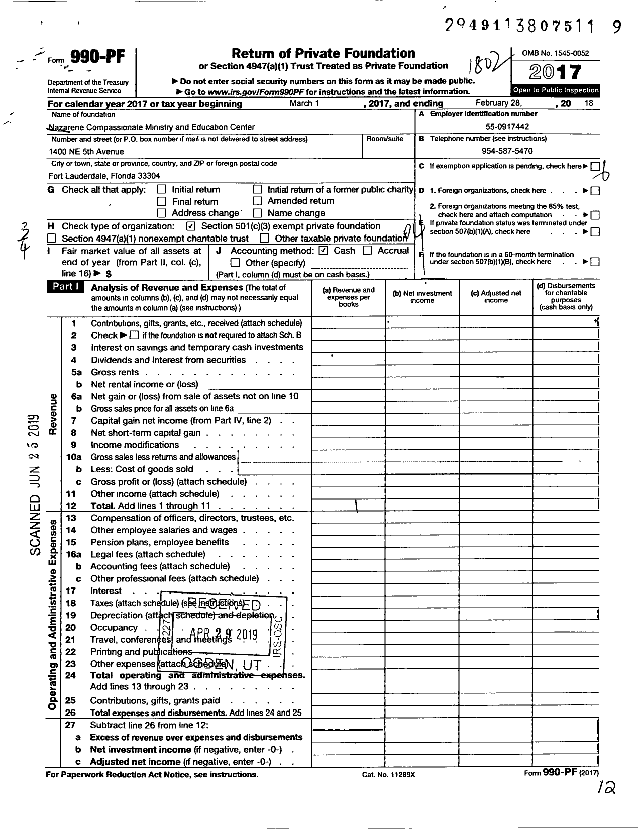 Image of first page of 2017 Form 990PF for Nazarene Compassionate Ministry and Educational Center