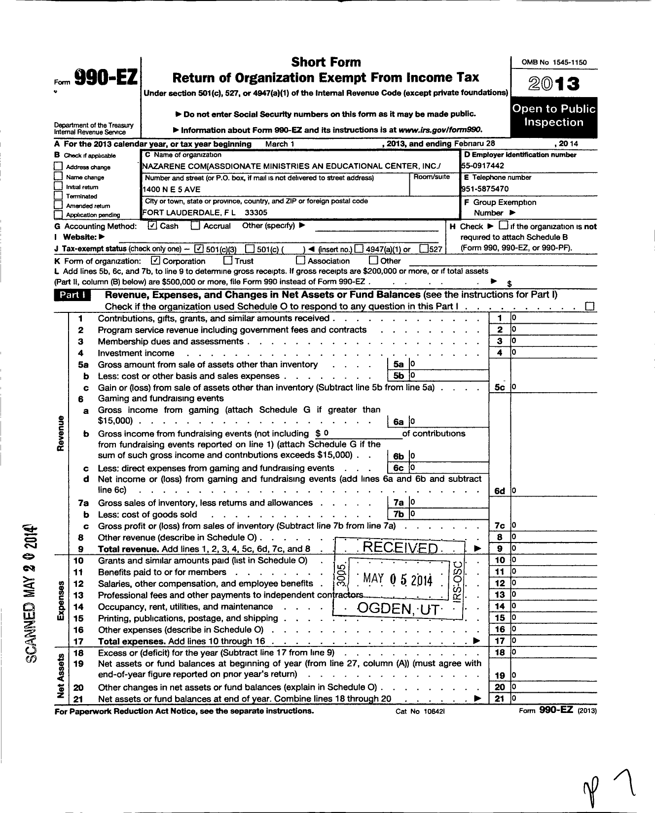 Image of first page of 2013 Form 990EZ for Nazarene Compassionate Ministry and Educational Center