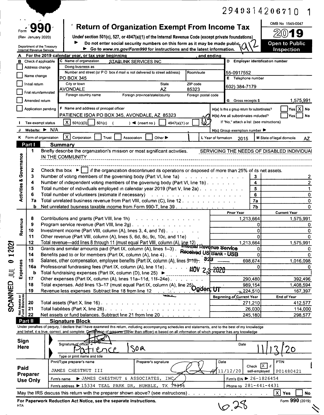 Image of first page of 2019 Form 990 for Starlink Services