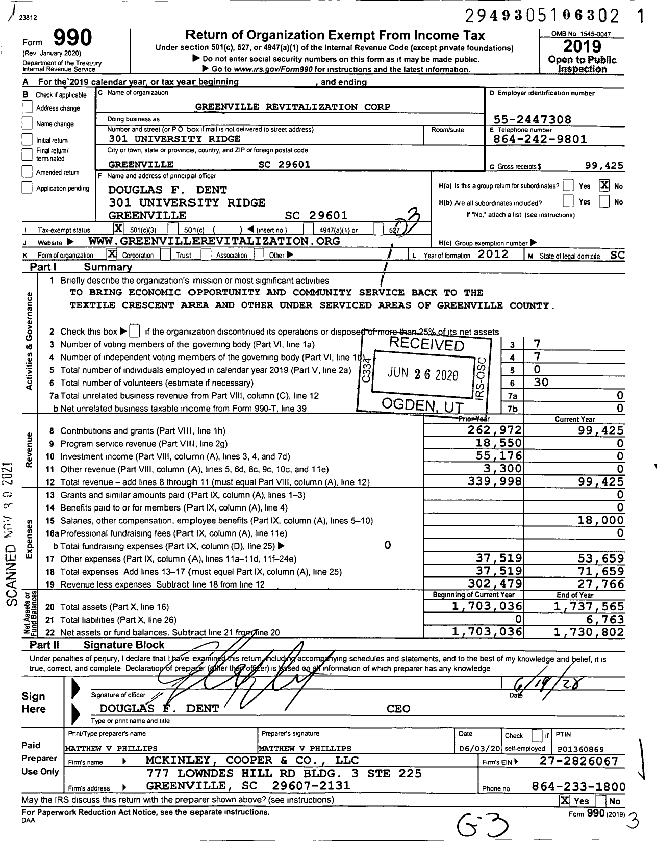 Image of first page of 2019 Form 990 for Greenville Revitalization Corporation