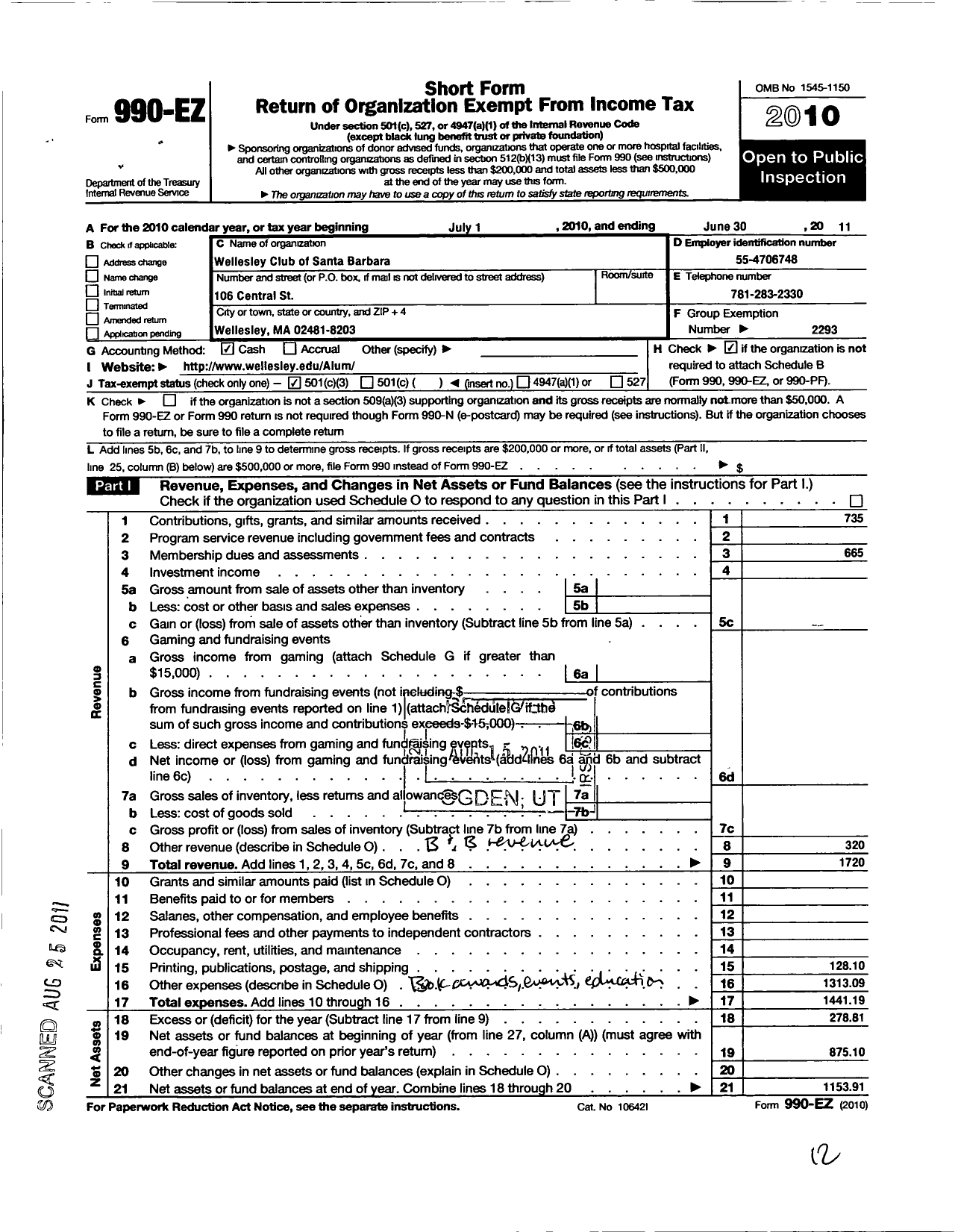 Image of first page of 2010 Form 990EZ for Wellesley College Alumnae Association / Wellesley Club of Santa Barbara